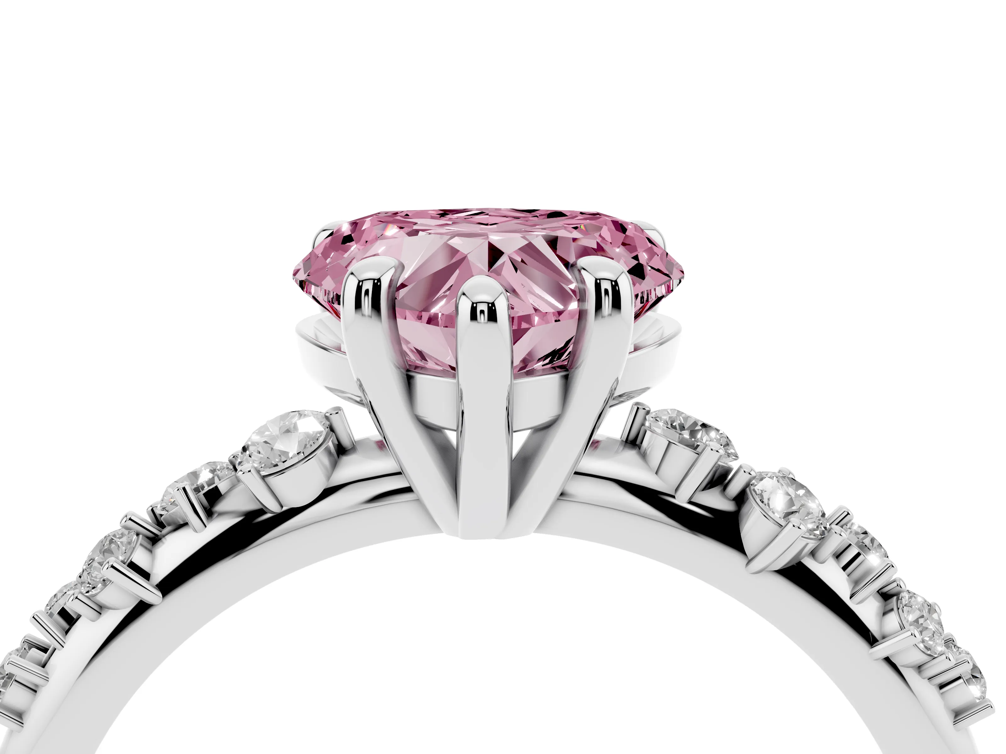 Fancy Pink Heart Cut Diamond Solitaire Vine Band Ring Set in Platinum with Round Accents and Prong Setting