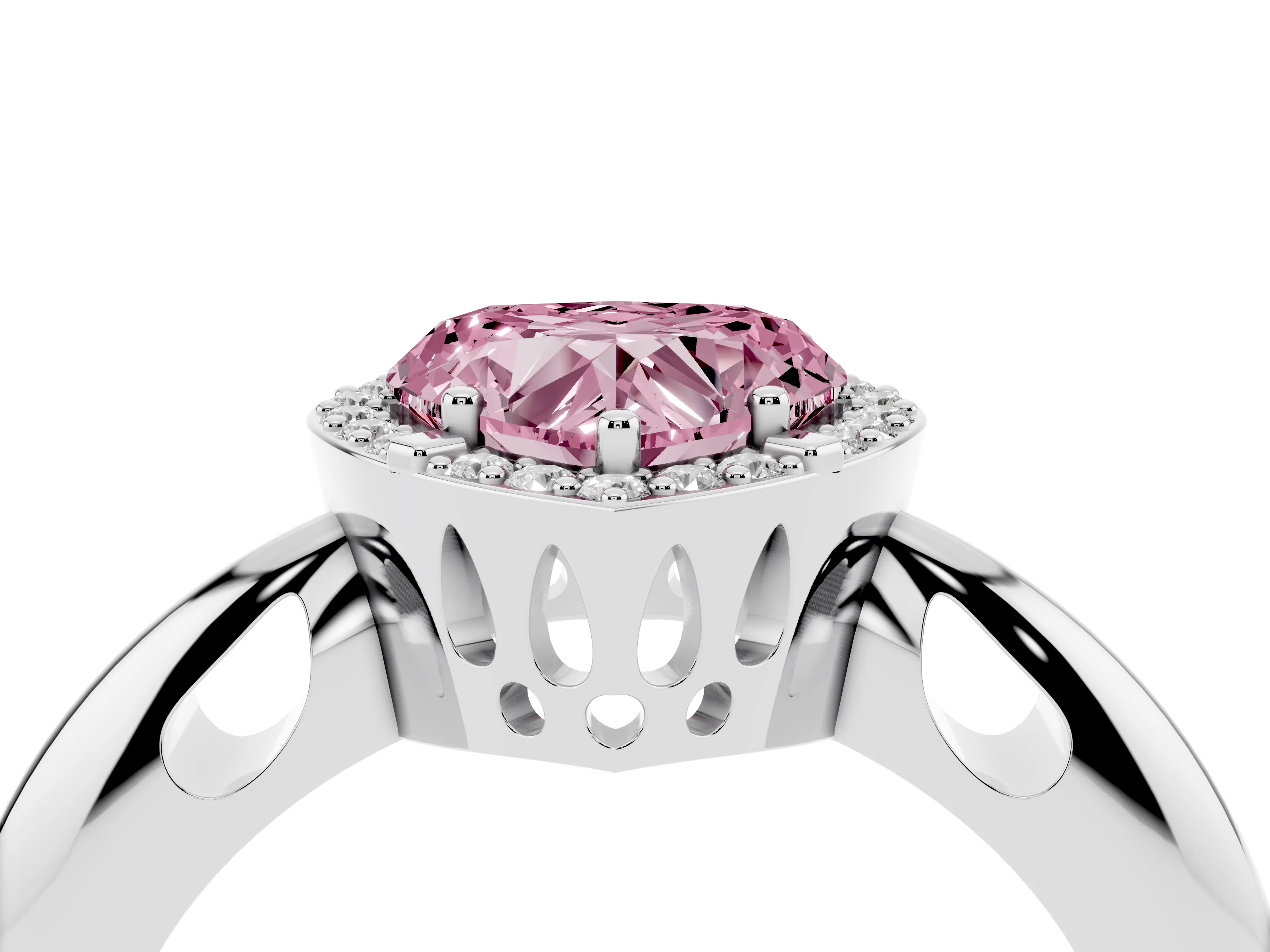 Fancy Pink Heart Cut Diamond Halo Engagement Ring Set in Silver with Plain Split Shank and Prong Setting