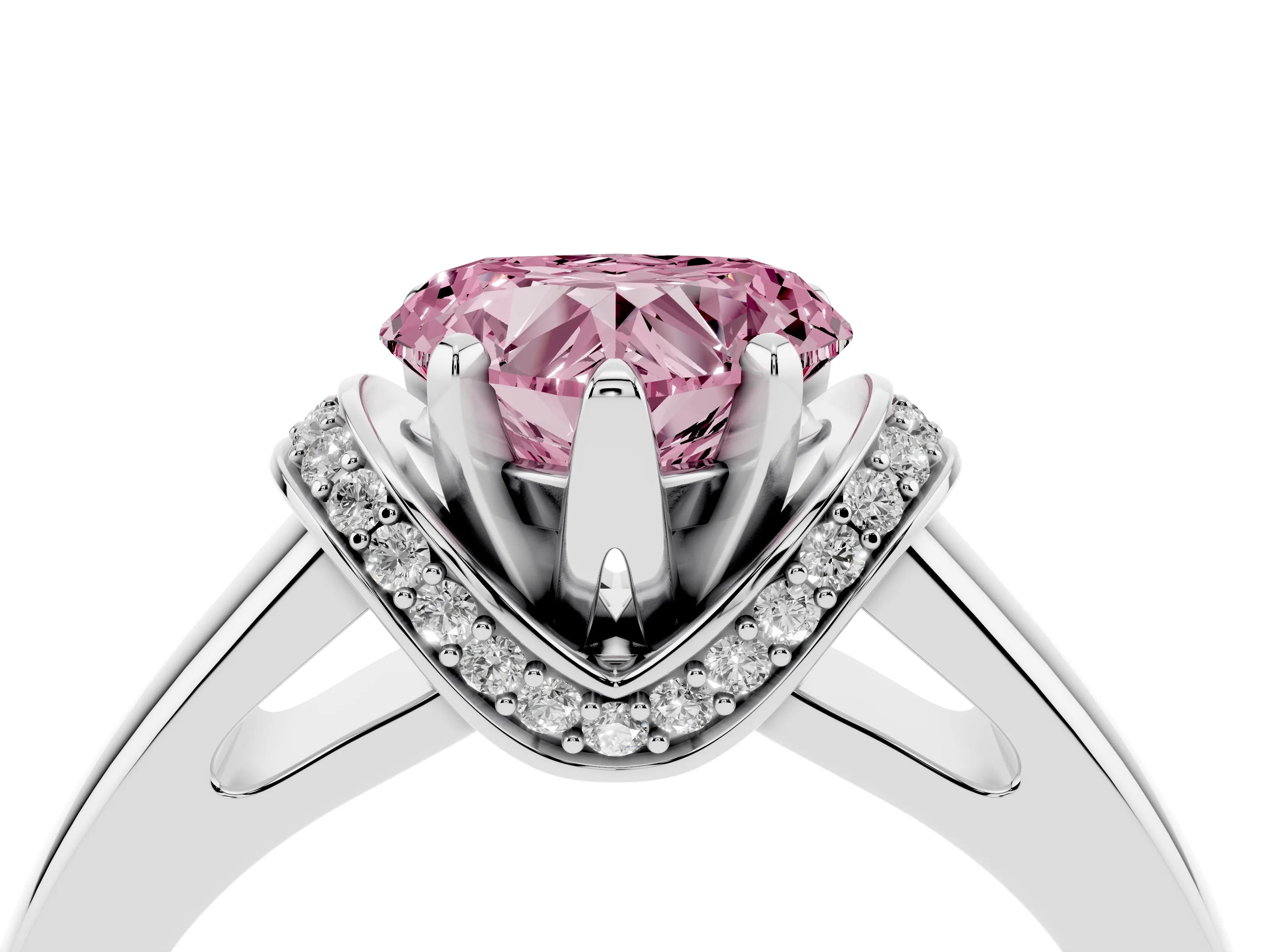 Fancy Pink Heart Cut Diamond Pavé Band Solitaire Ring Set in Platinum with Prong Setting