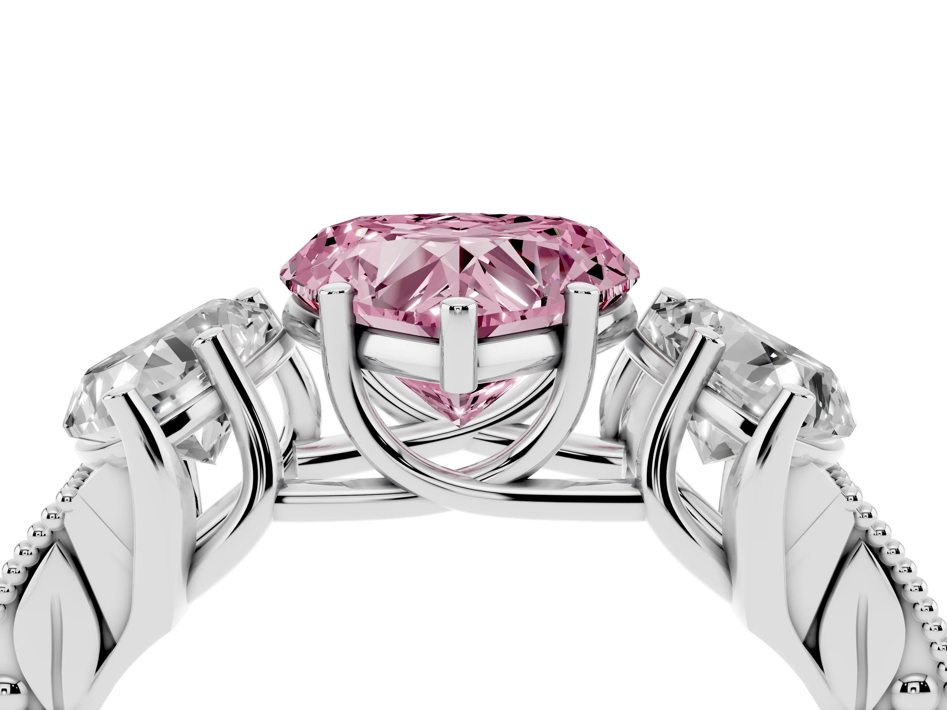 Fancy Pink Heart Cut Diamond Three-Stone Engagement Ring Set in Silver with Milgrain Pavé Band