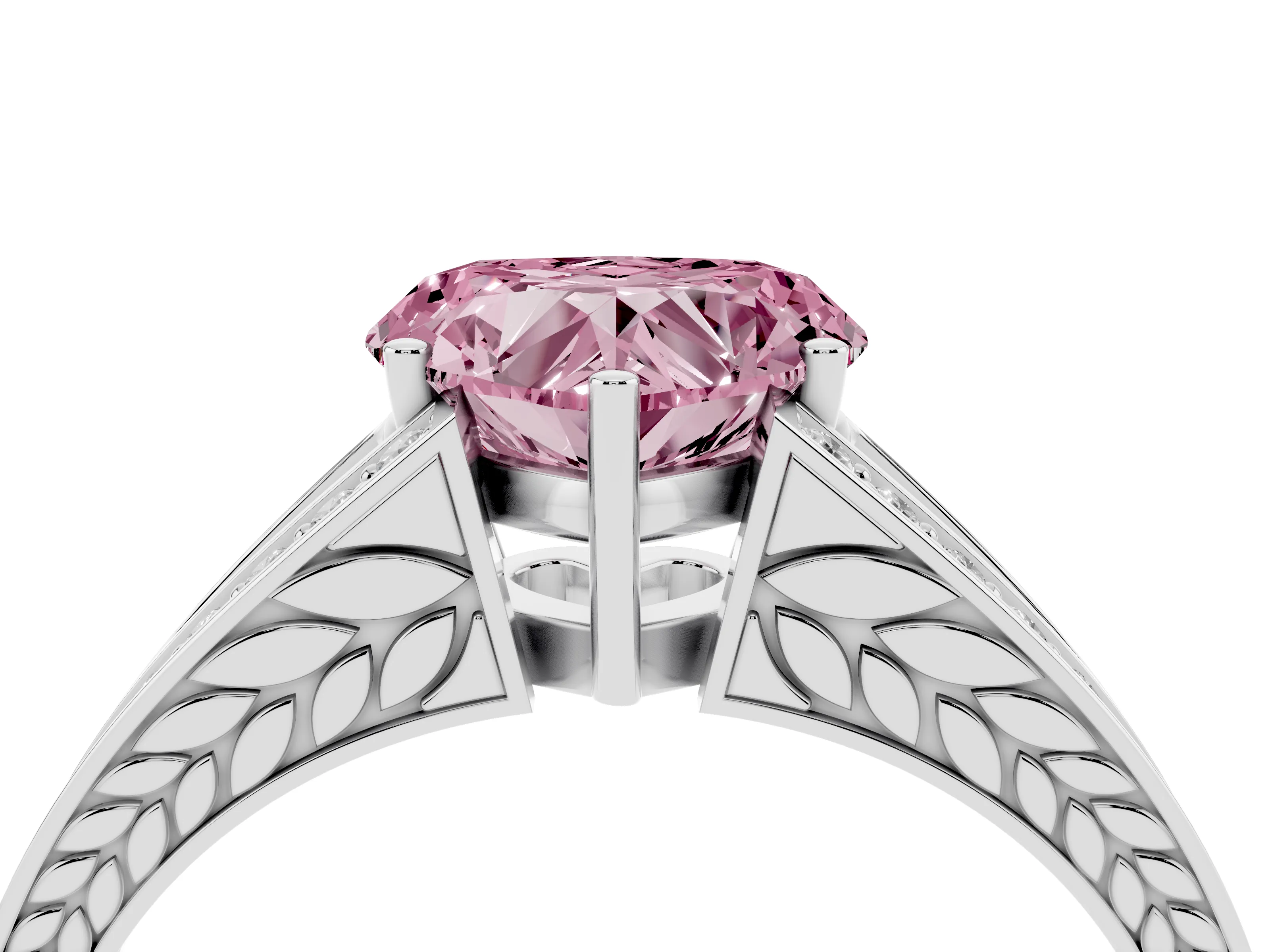 Fancy Pink Heart Cut Diamond Split Shank Ring Set in White gold with Pavé Band and Prong Setting