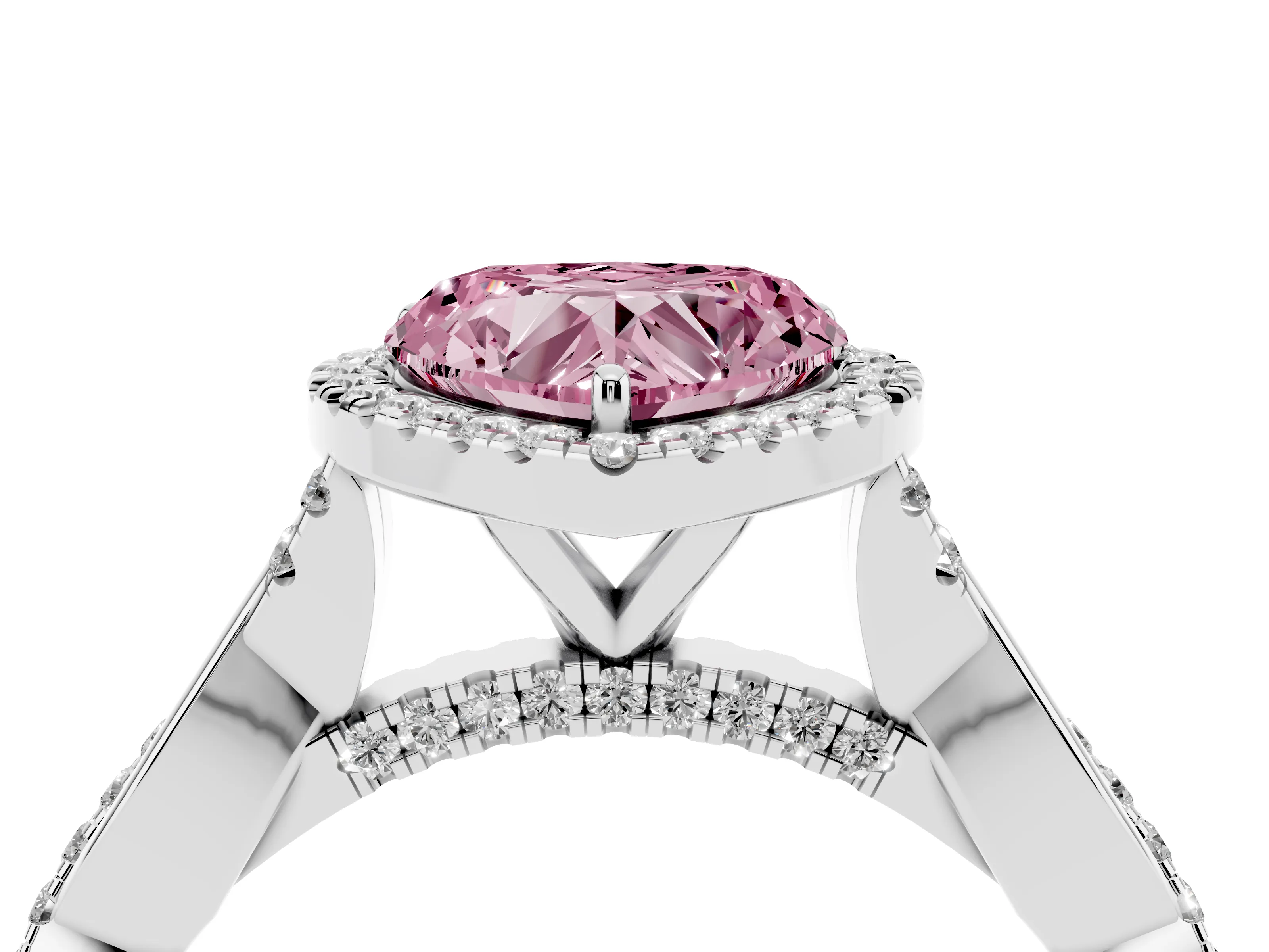 Fancy Pink Heart Cut Diamond Halo Twist Band Solitaire Ring Set in White gold with Prong Setting