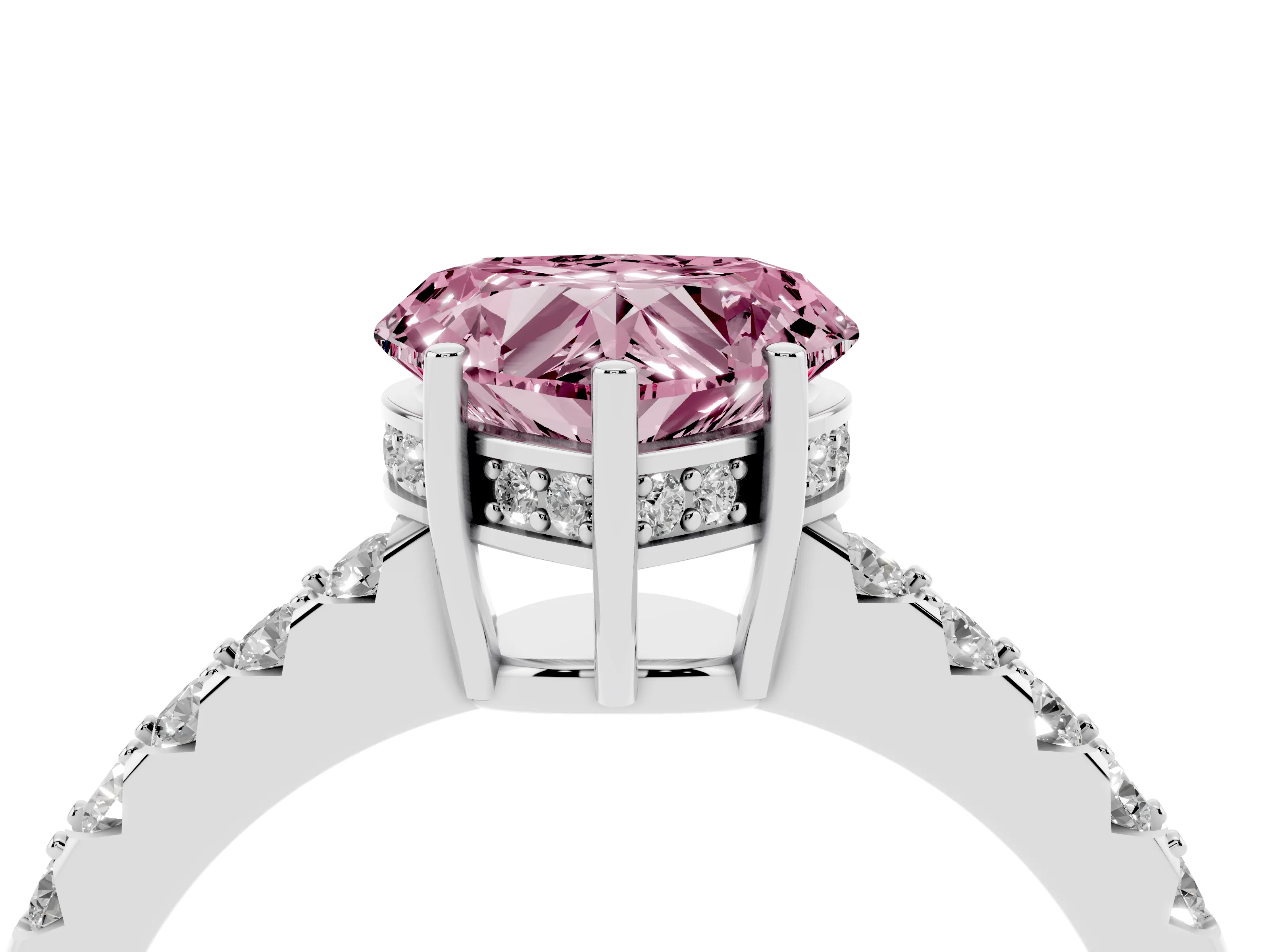 Fancy Pink Heart Cut Diamond Solitaire Engagement Ring Set in White gold with Pavé Band and Prong Setting