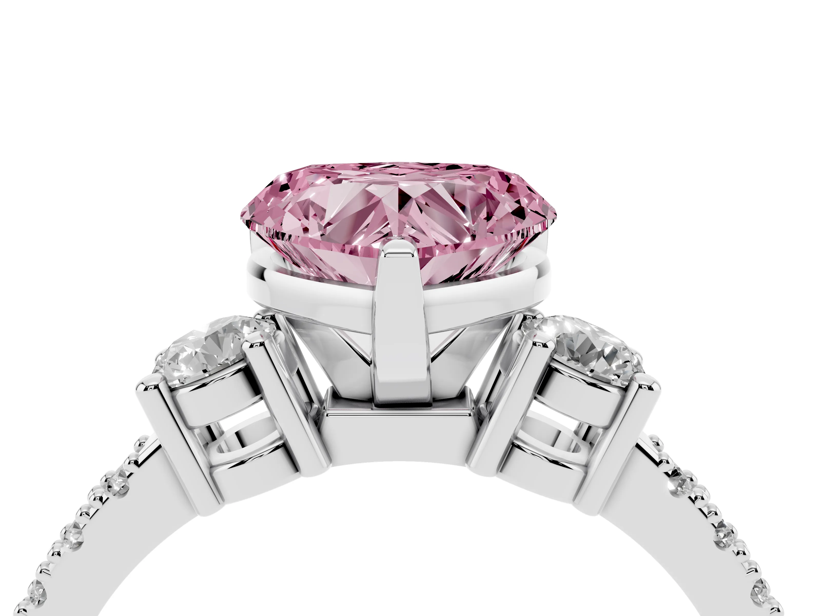 Fancy Pink Three-Stone Heart Cut Diamond Pavé Band Ring Set in White gold with Prong Setting