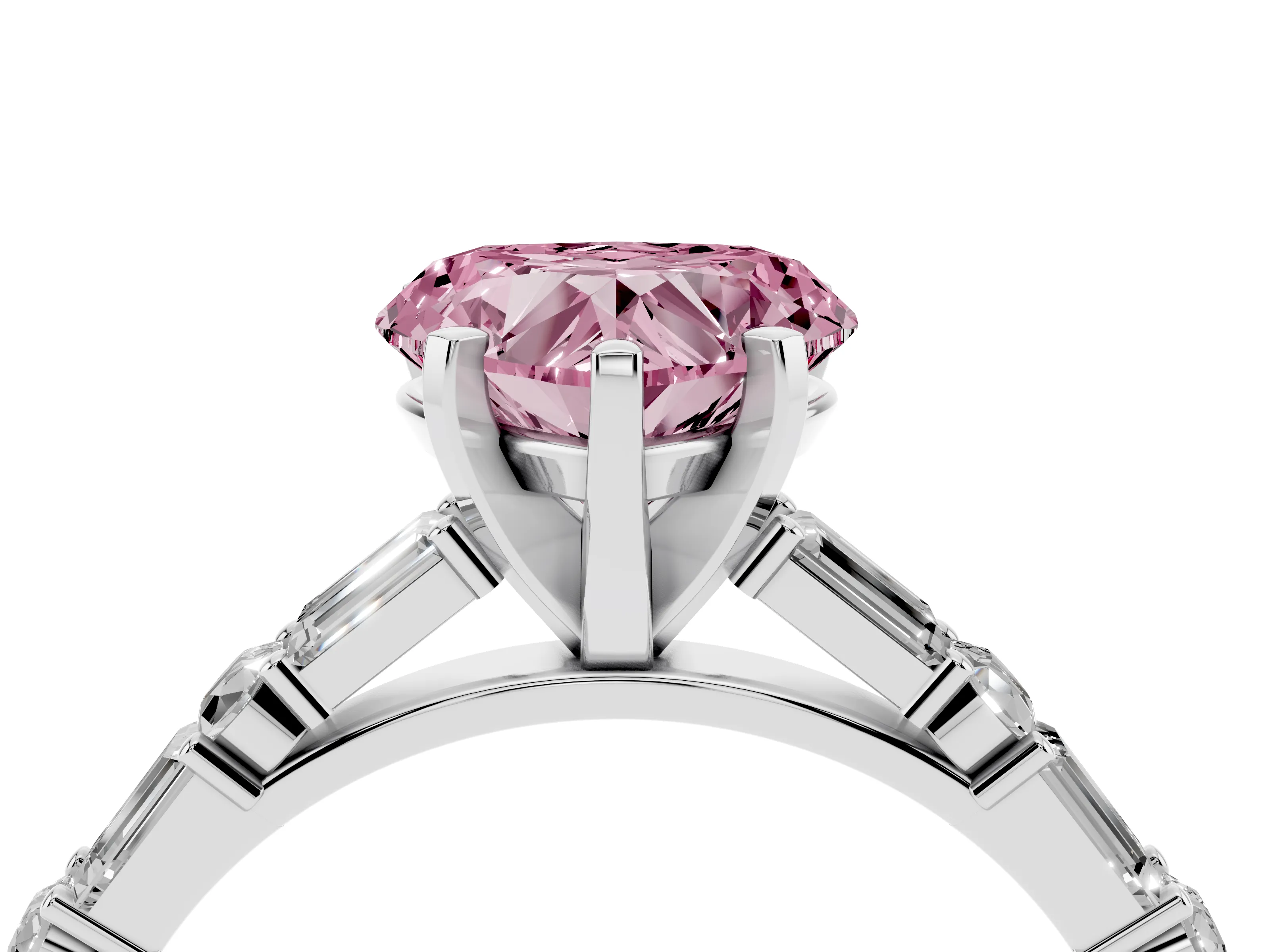 Fancy Pink Heart Cut Diamond Solitaire Set in Silver with Side Baguettes and Channel Set Band