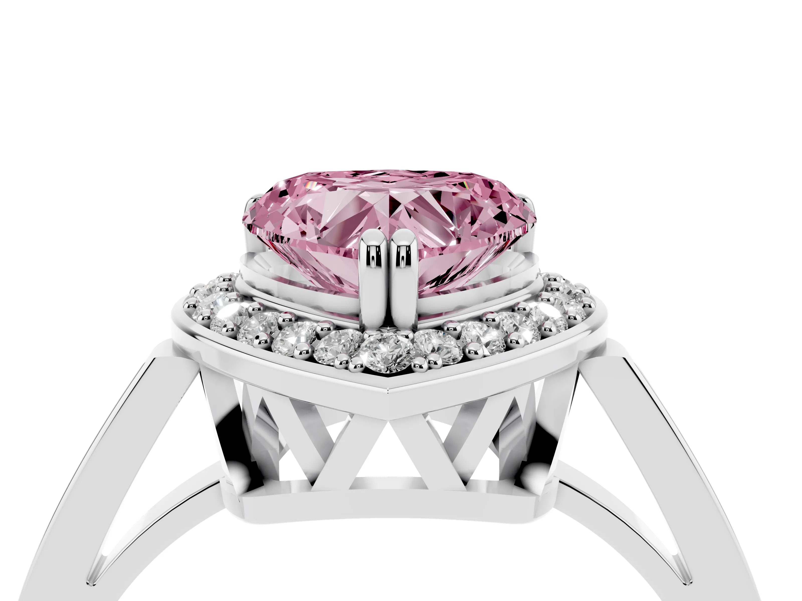 Fancy Pink Heart Cut Diamond Halo Ring Set in White gold with Accent-Lined Split Shank and Prong Setting
