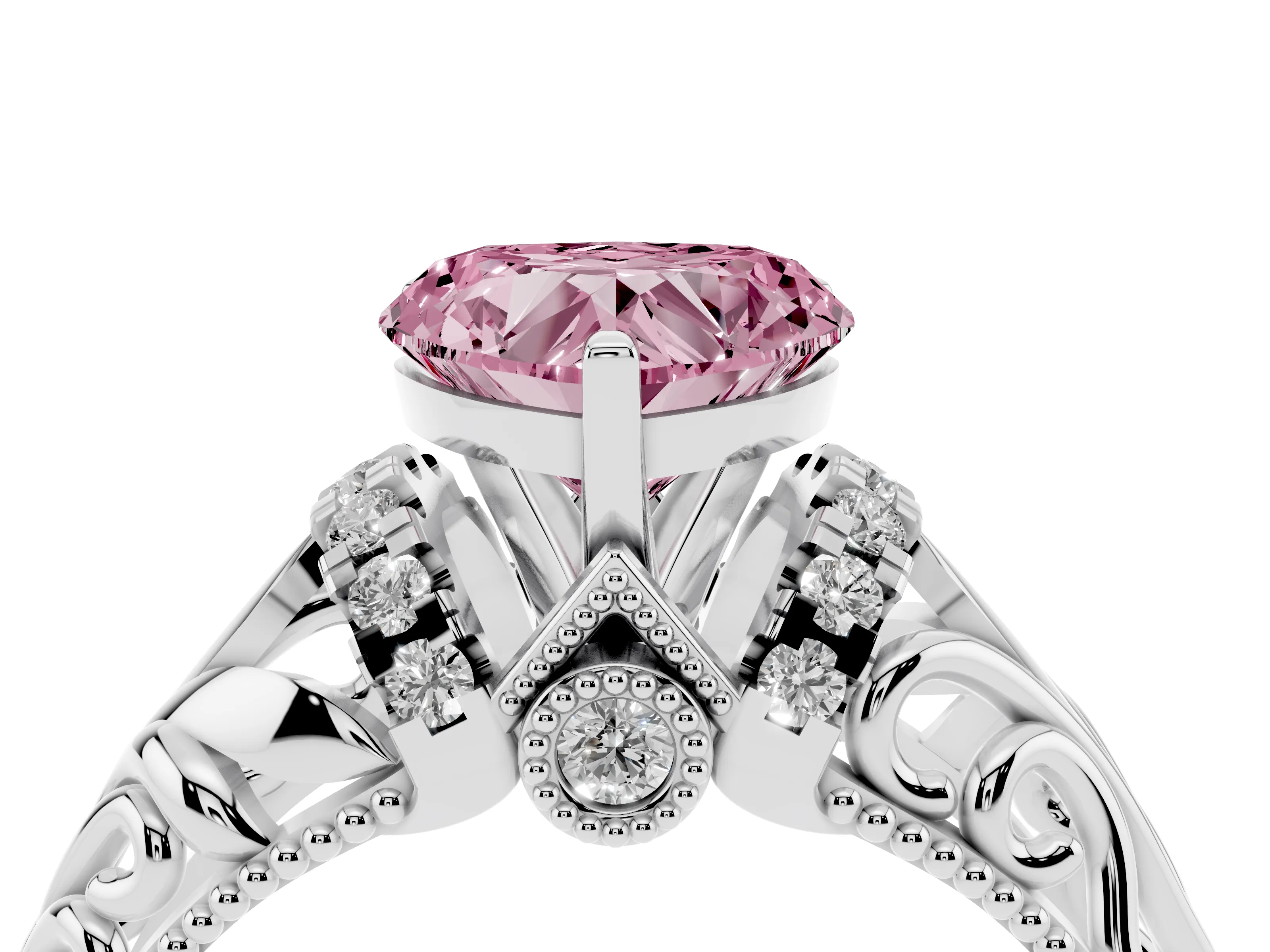 Fancy Pink Heart Cut Diamond Filigree Halo Engagement Ring Set in White gold with Prong Setting