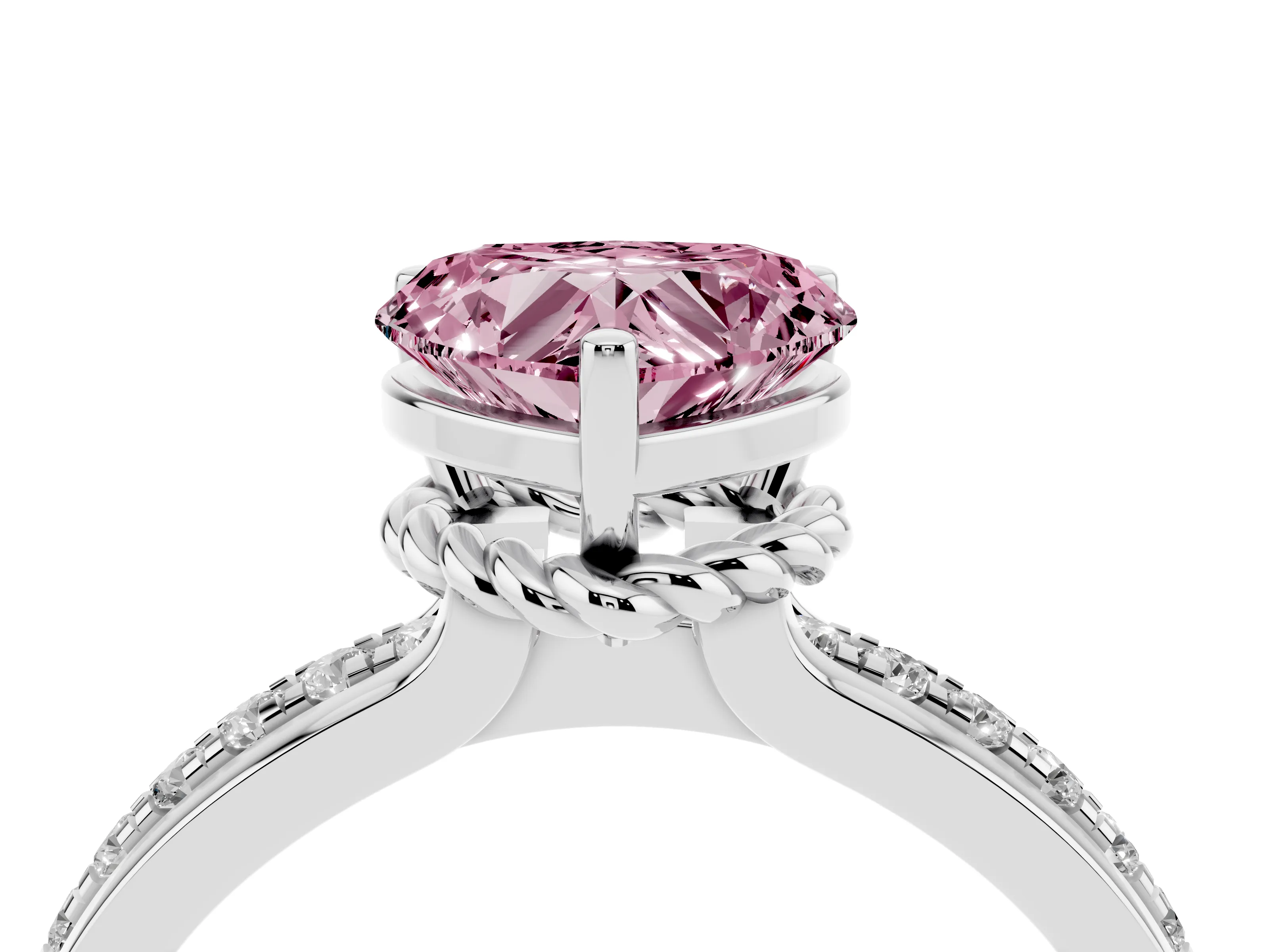 Fancy Pink Heart Cut Diamond Solitaire Ring Set in White gold with Channel Set Band and Prong Setting
