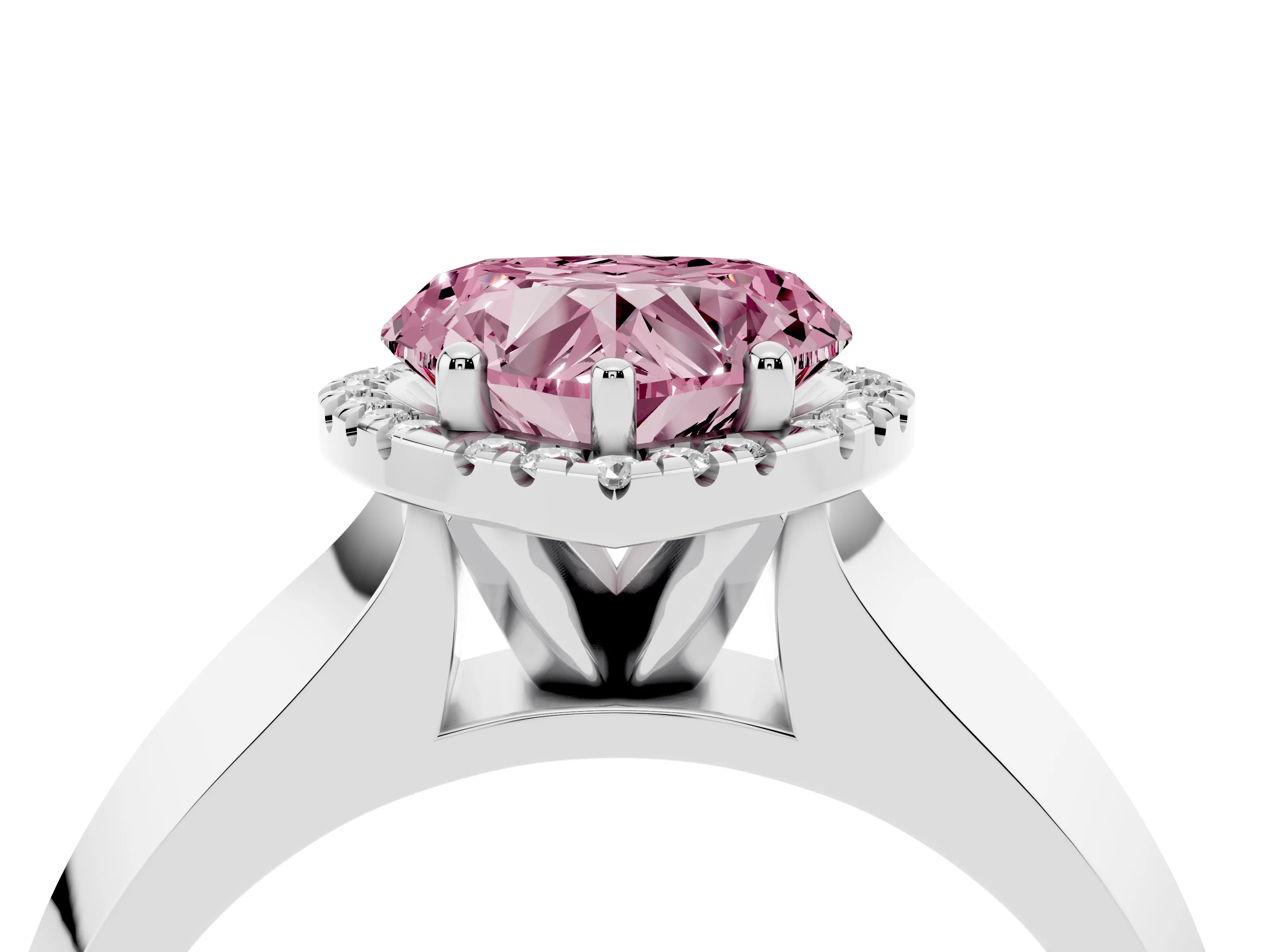 Fancy Pink Heart Cut Diamond Halo Ring Set in White gold with Cathedral Band and Prong Setting