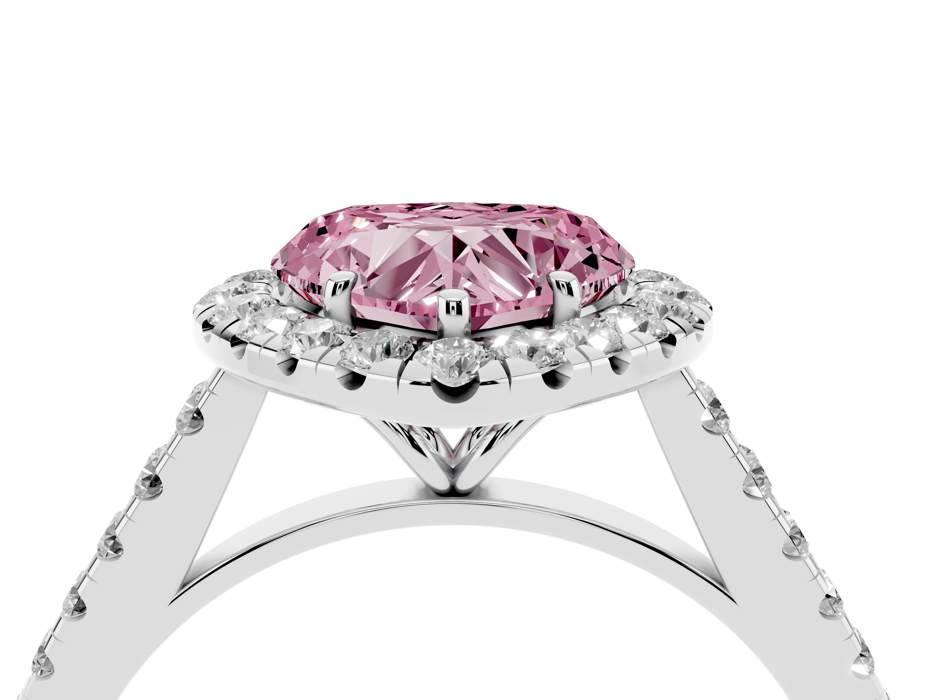 Fancy Pink Heart Cut Diamond Halo Pavé Engagement Ring Set in Platinum with Prong Setting