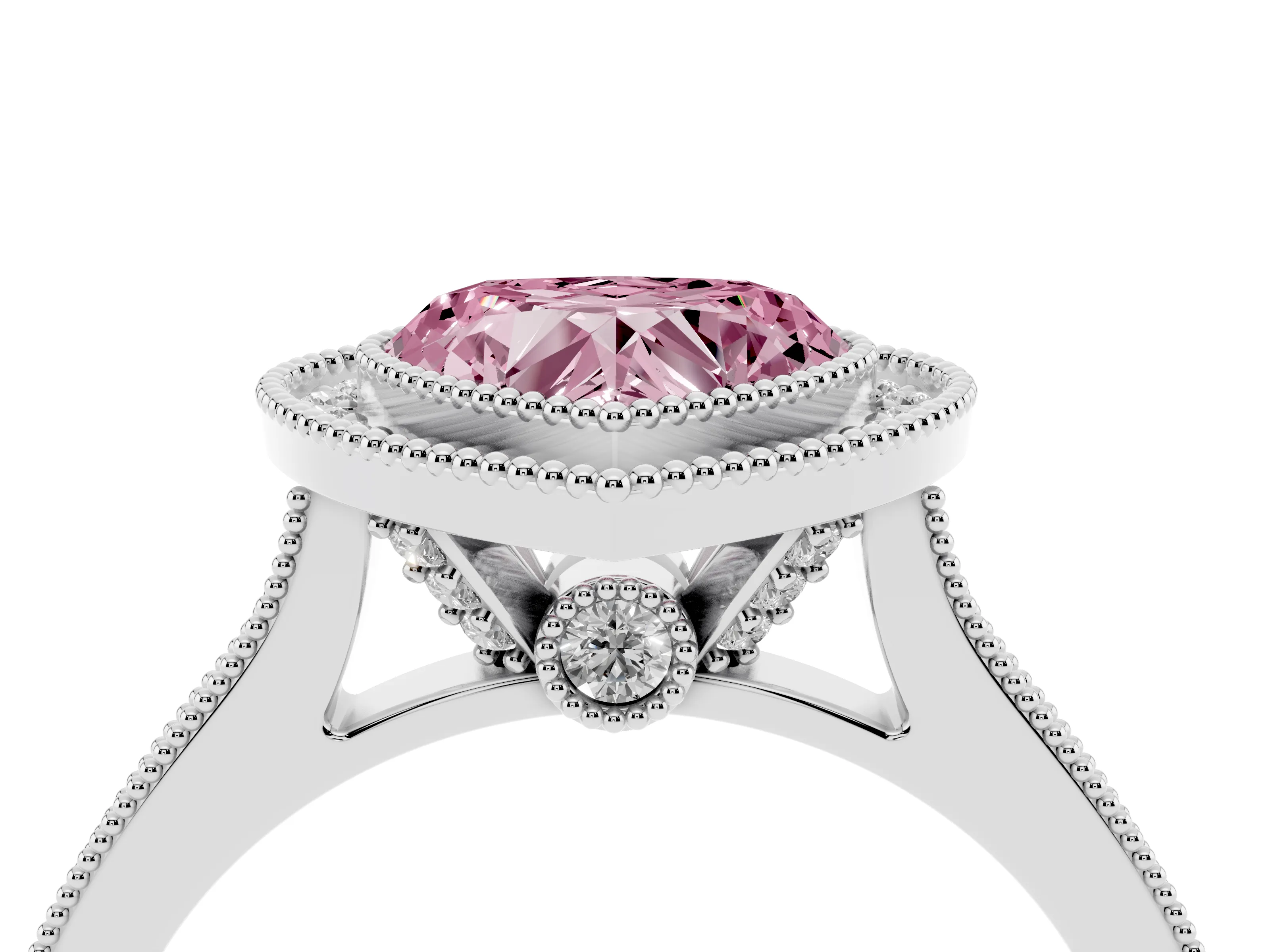 Fancy Pink Heart Cut Diamond Halo Milgrain Pavé Band Ring Set in Platinum with Prong Setting