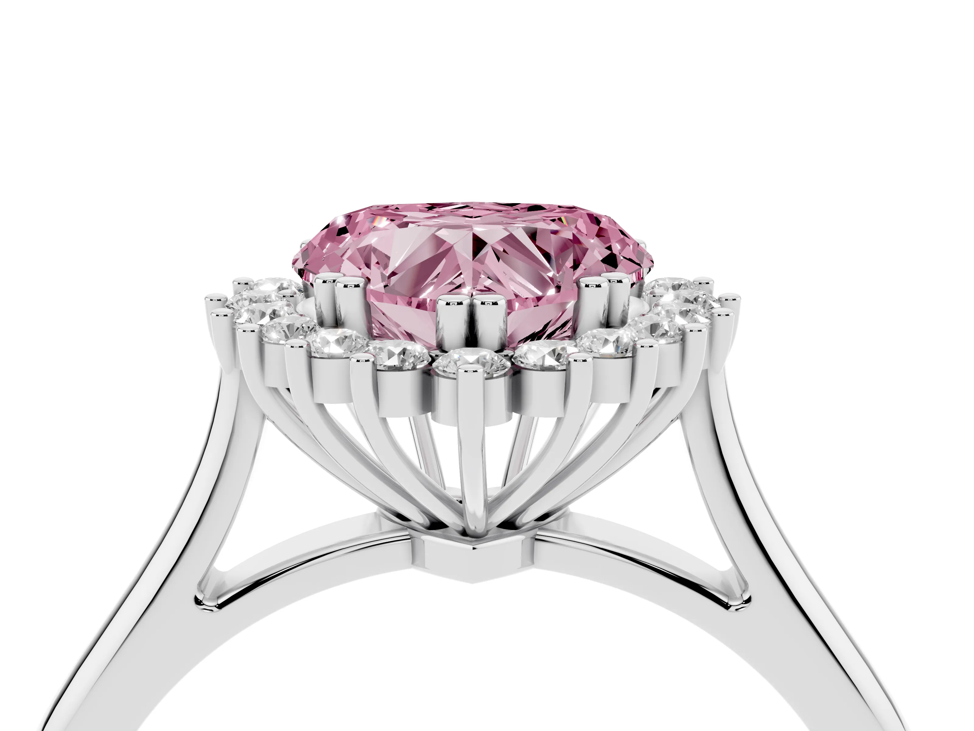 Fancy Pink Heart Cut Diamond Halo Ring Set in Silver with Plain Solitaire Band and Prong Setting