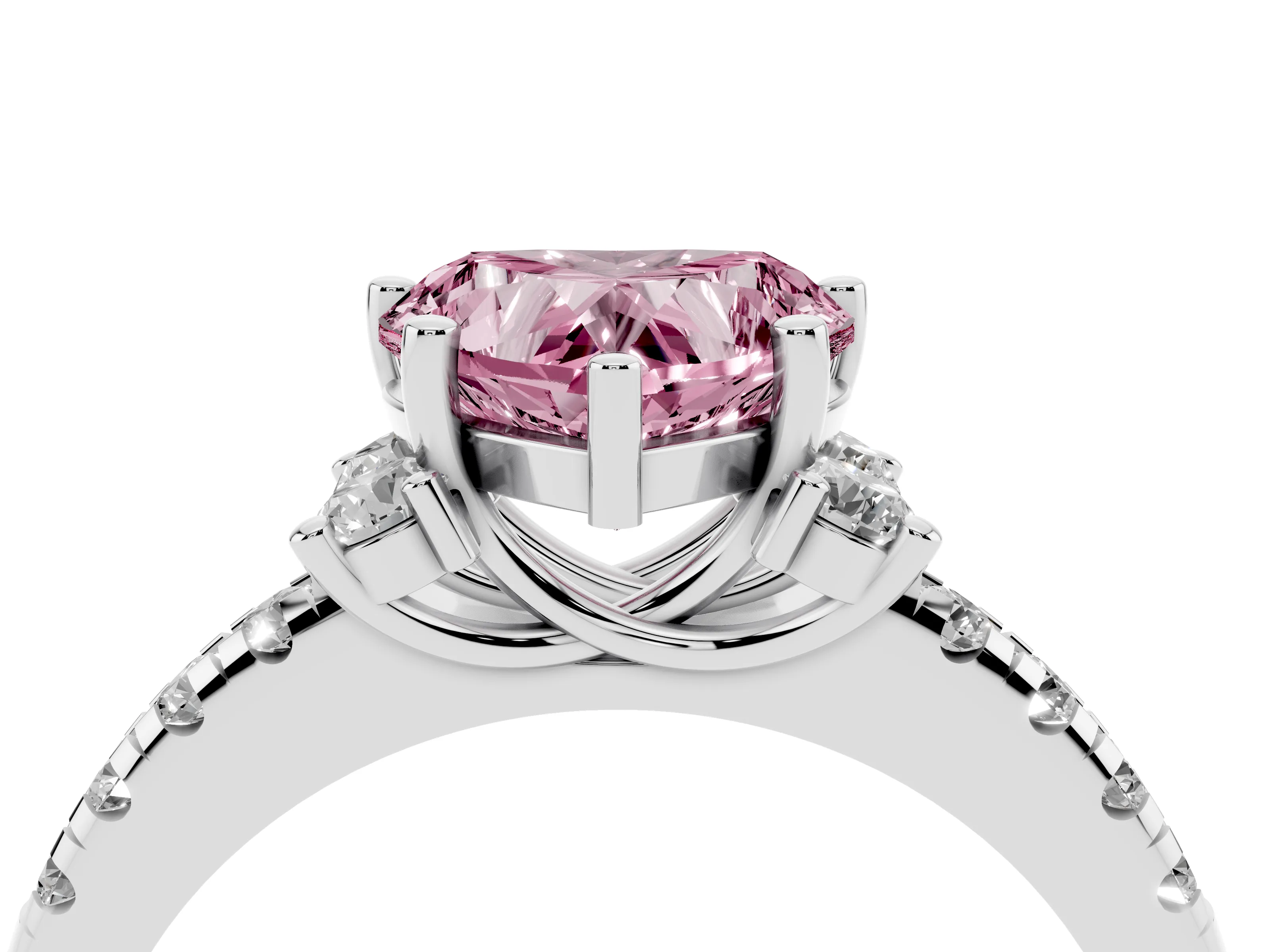 Fancy Pink Heart Cut Diamond Three-Stone Pavé Ring Set in Silver with Prong Setting