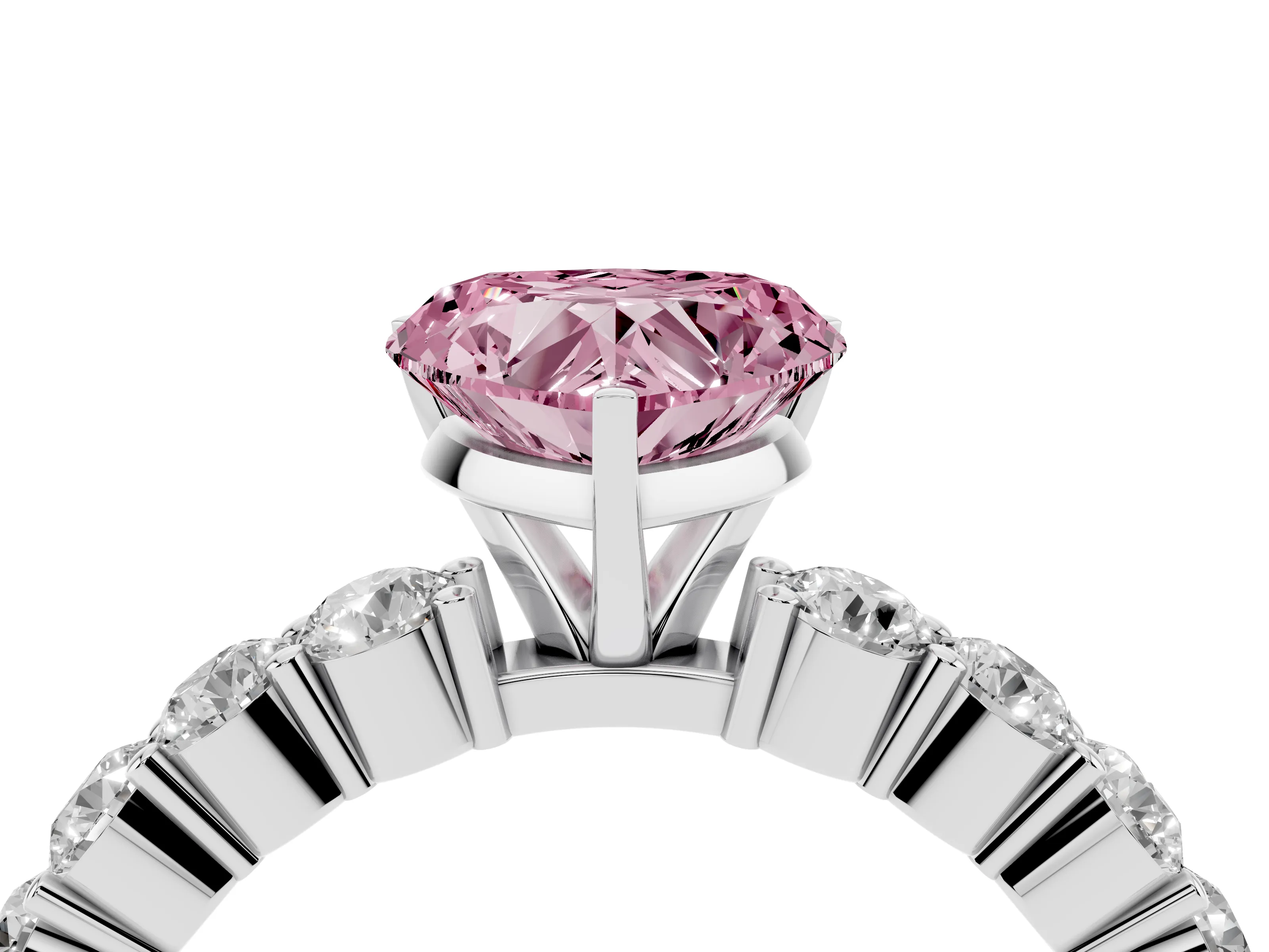 Fancy Pink Heart Cut Diamond Solitaire Ring Set in White gold with Shared Prong Round Side Stones