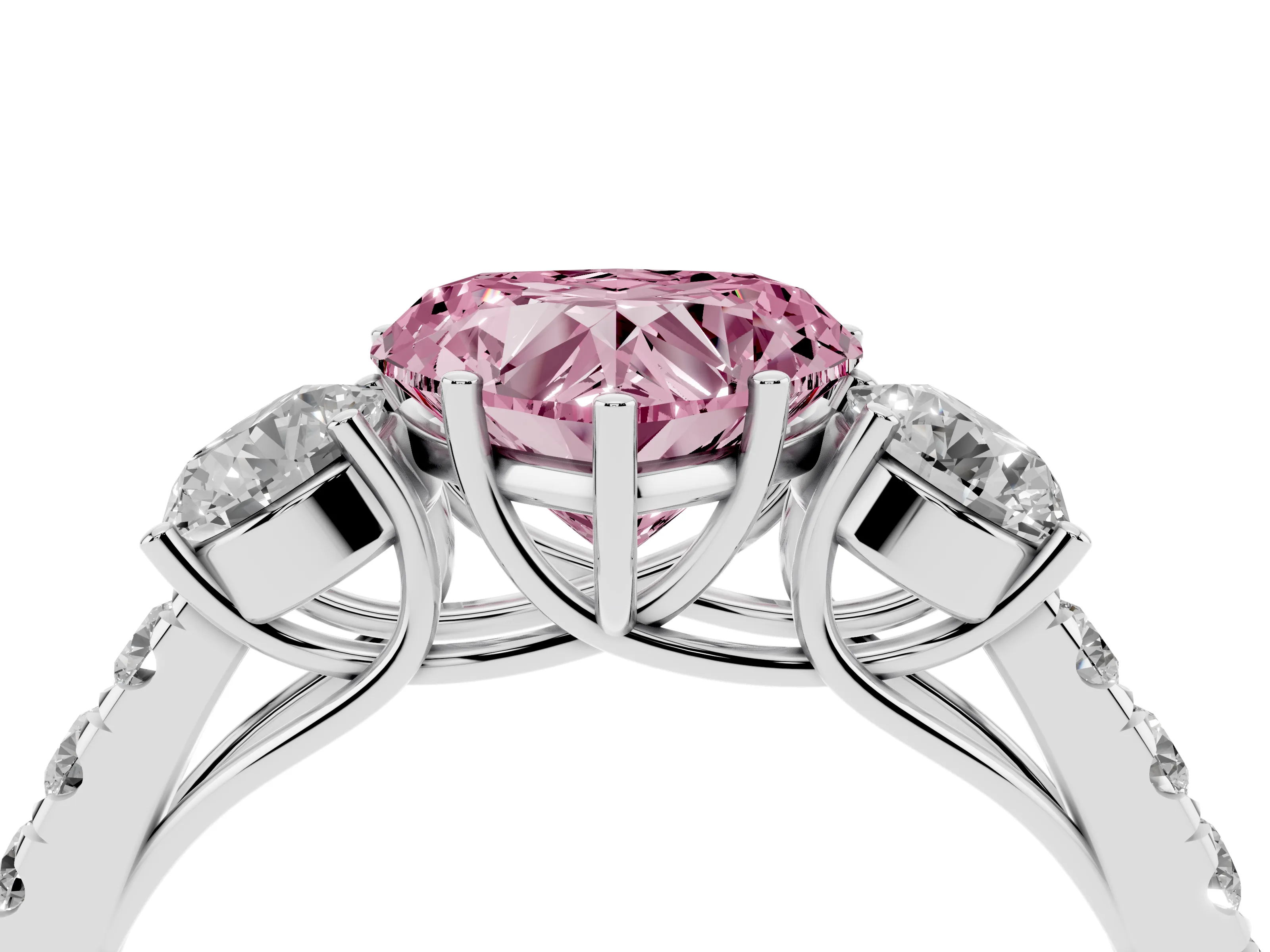 Fancy Pink Heart Cut Diamond Three-Stone Ring Set in White gold with Round Side Stones and Delicate Pavé Band
