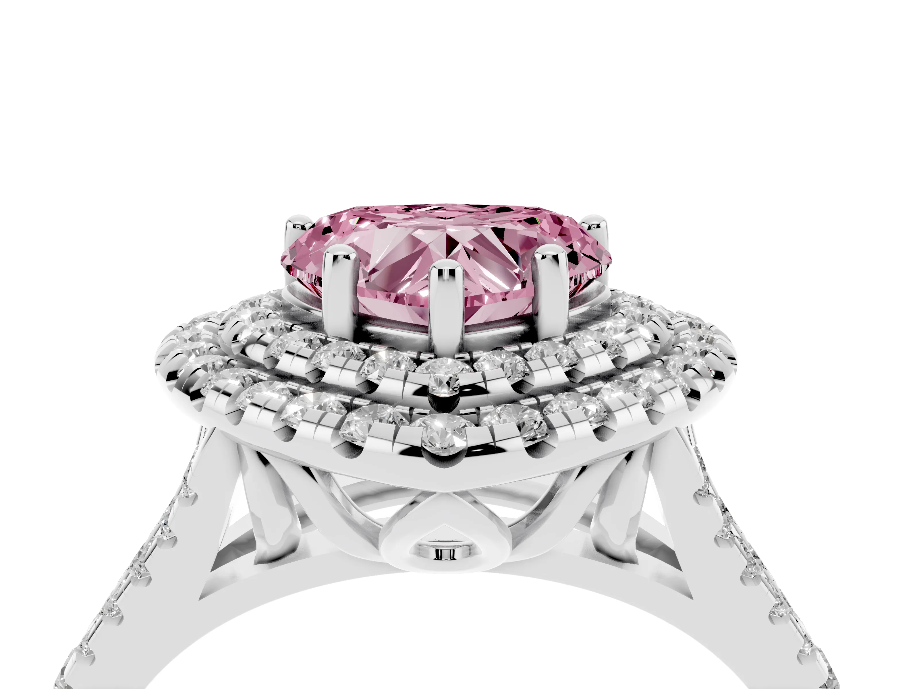 Fancy Pink Heart Cut Diamond Double Halo Ring Set in White gold with Pavé Split Shank and Prong Setting
