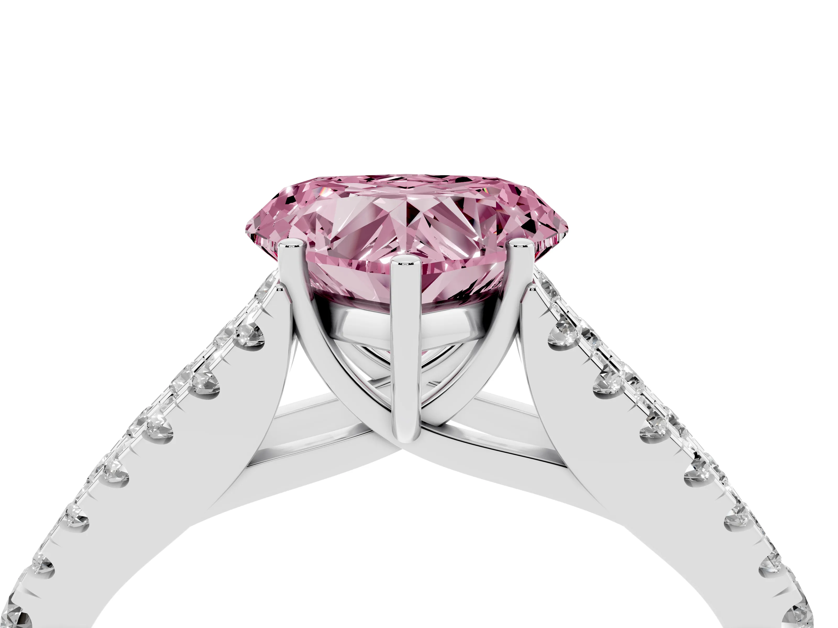 Fancy Pink Heart Cut Diamond Split Shank Pavé Engagement Ring Set in Platinum with Prong-Held Center Stone