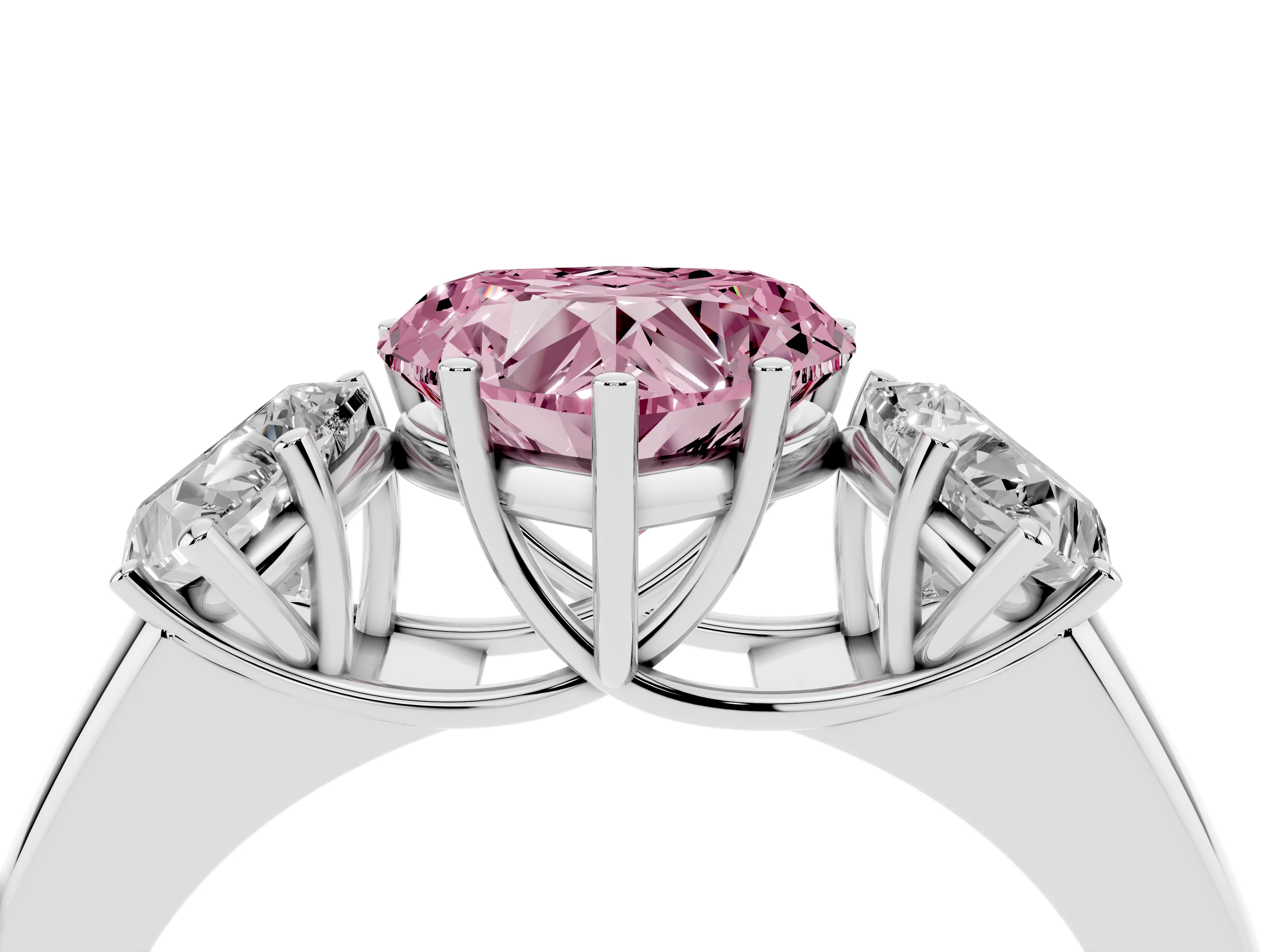Fancy Pink Three-Stone Heart Cut Diamond Ring Set in Silver with Matching Prong Settings and Plain Band