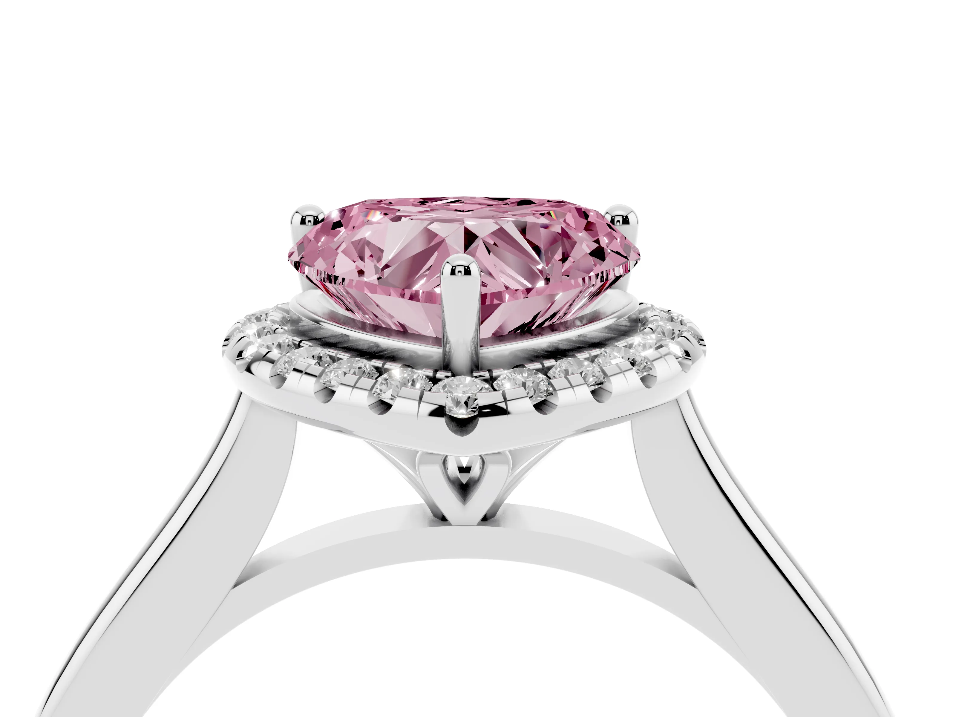 Fancy Pink Heart Cut Diamond Halo Engagement Ring Set in Platinum with Pavé Band and Rising Shoulders