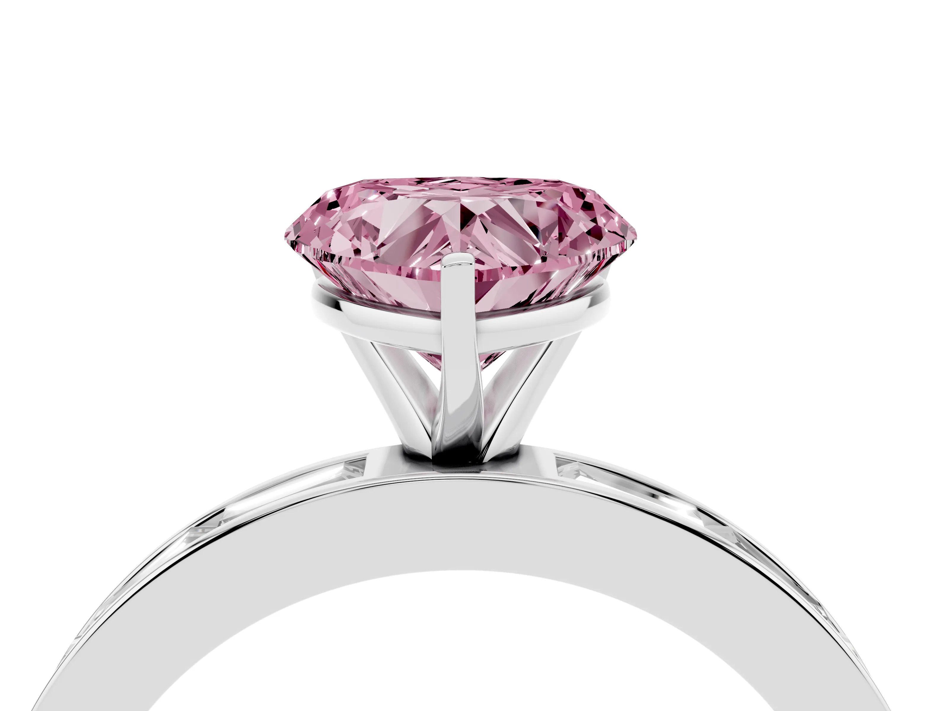 Fancy Pink Heart Cut Diamond Solitaire Ring Set in Platinum with Channel-Set Baguette Band and Prong Setting