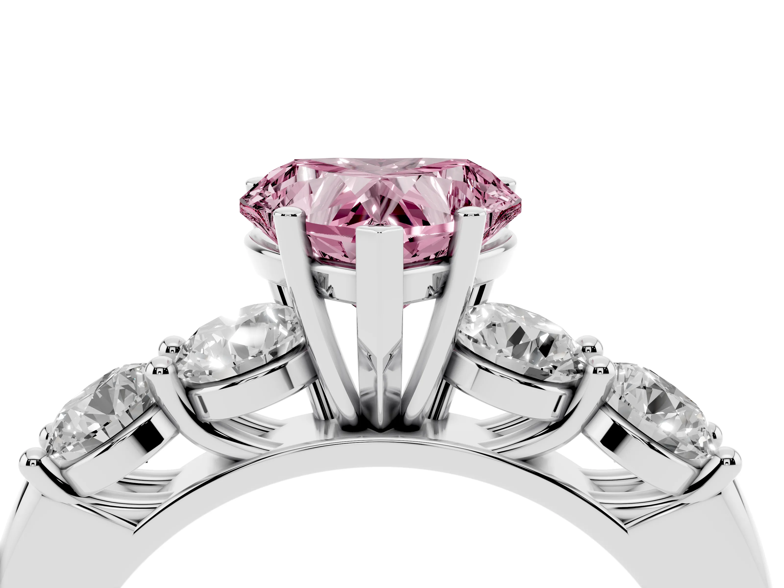 Fancy Pink Heart Cut Diamond Five-Stone Prong Set Ring Set in White gold with Classic Band