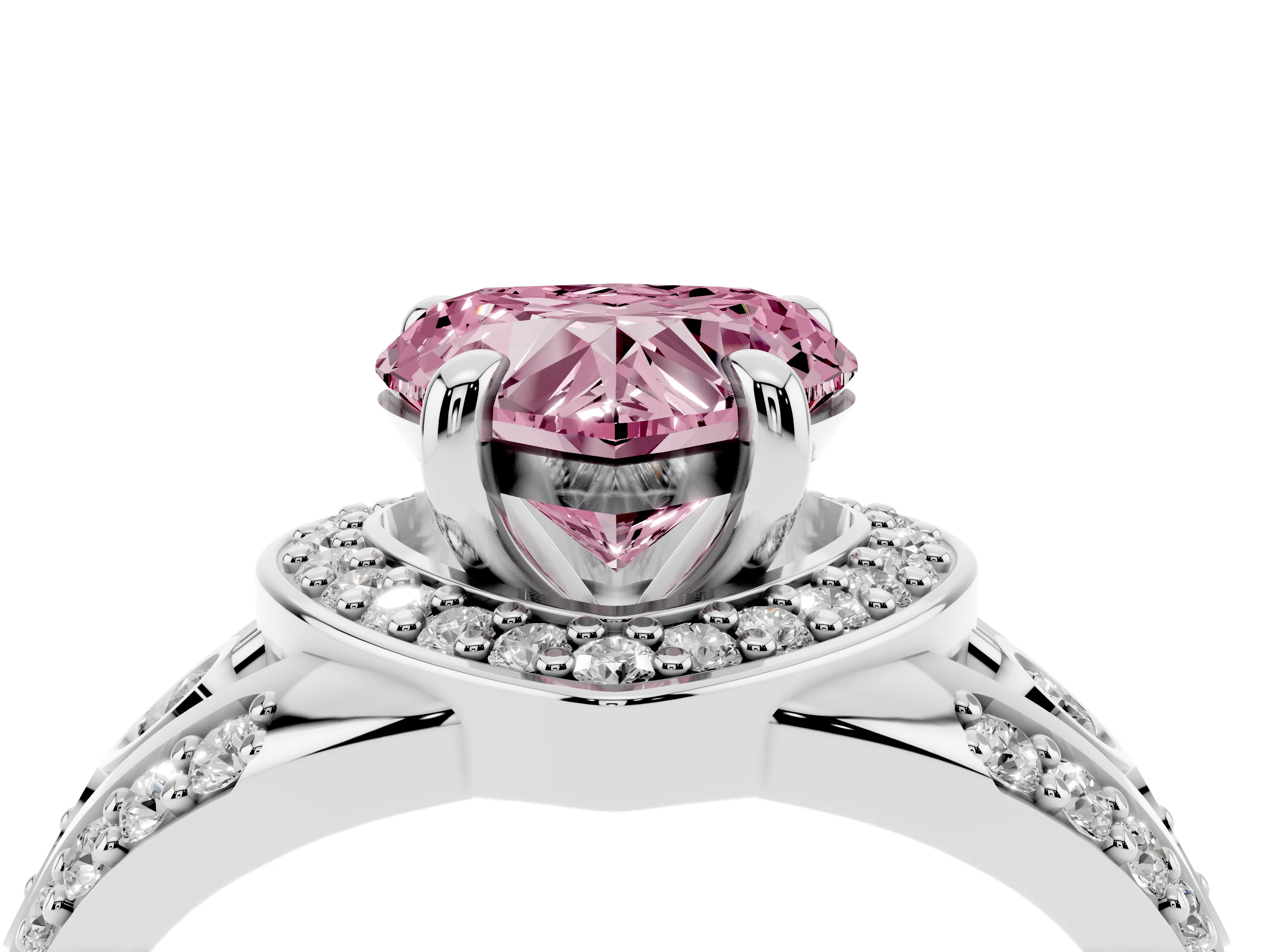 Fancy Pink Heart Cut Diamond Halo Ring Set in Silver with Pavé Split Shank and Bezel Accents