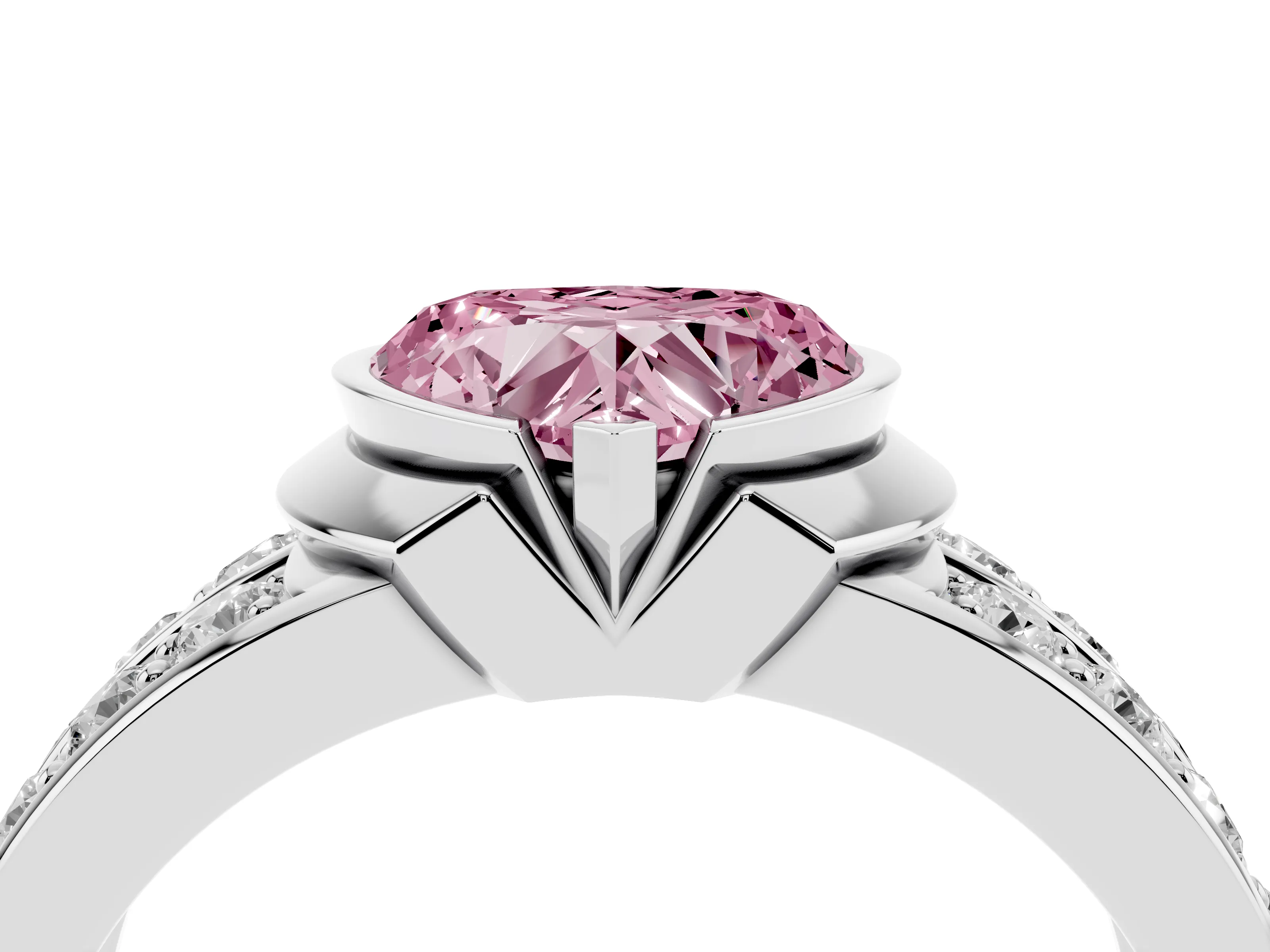Fancy Pink Heart Cut Diamond Wide Channel Set Band Ring Set in White gold with Bezel Setting