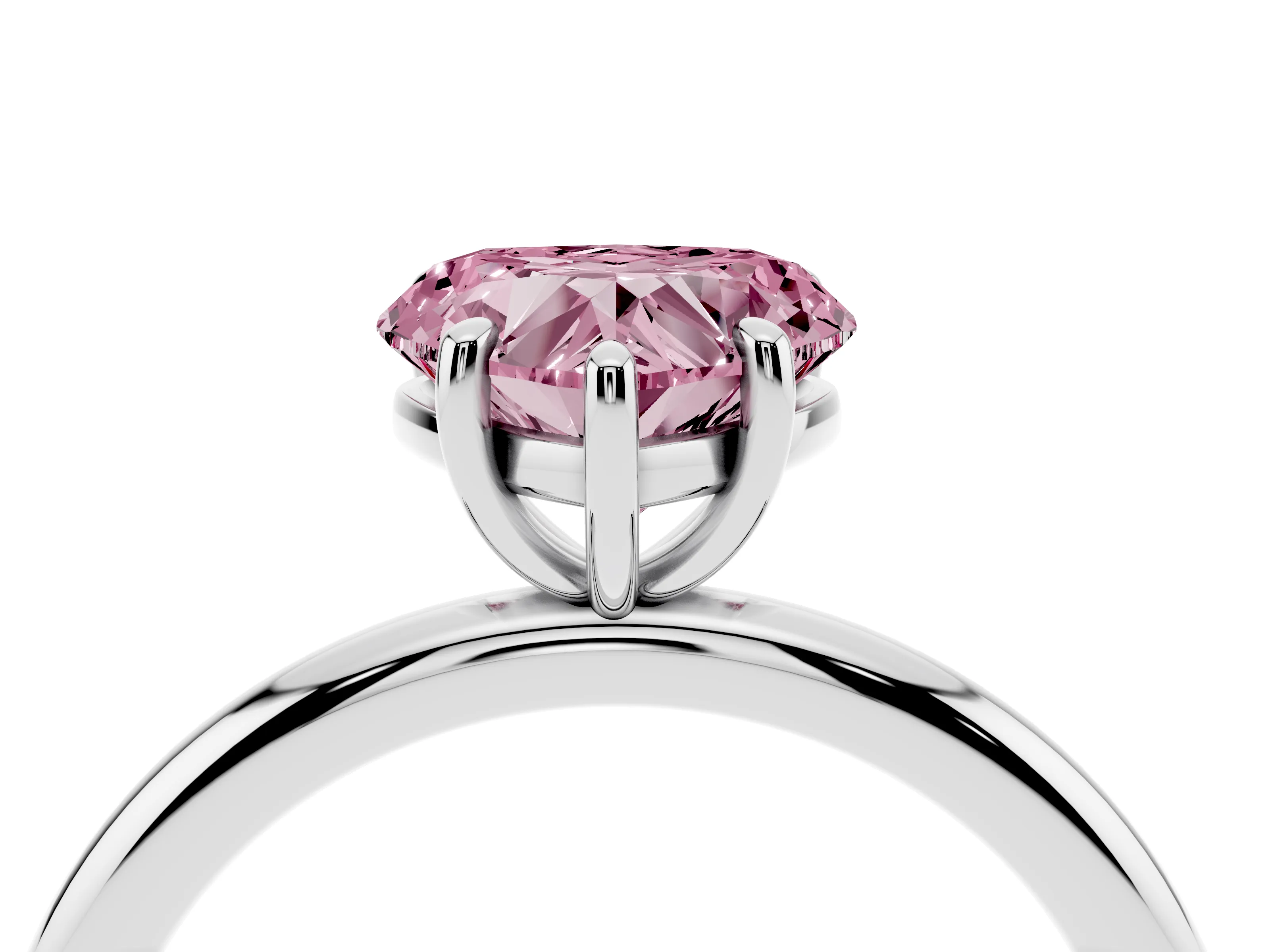 Fancy Pink Heart Cut Diamond Solitaire Ring Set in Platinum with Prong Setting on a Polished Plain Band