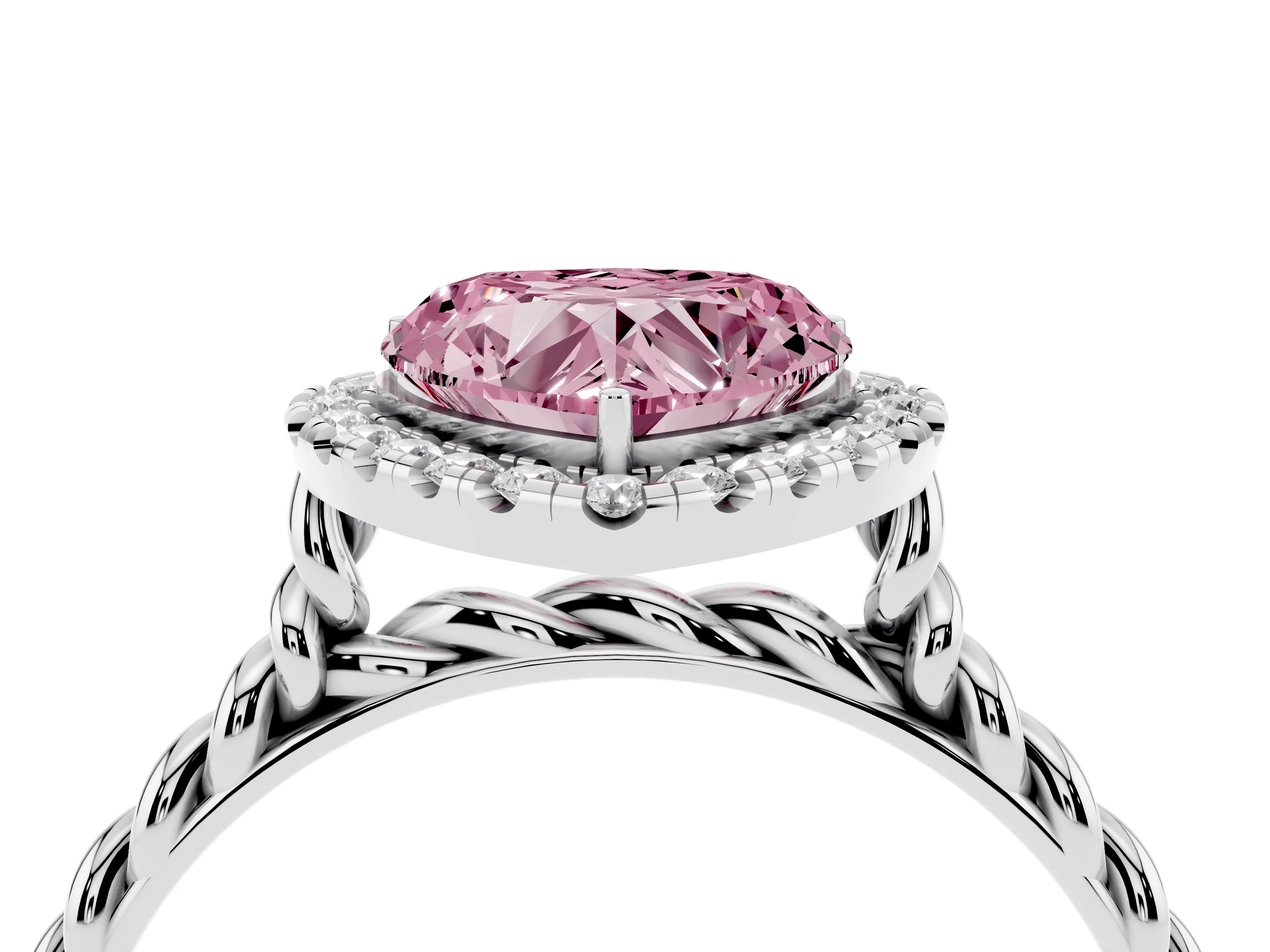Fancy Pink Heart Cut Diamond Halo Ring Set in White gold with Plain Twisted Band