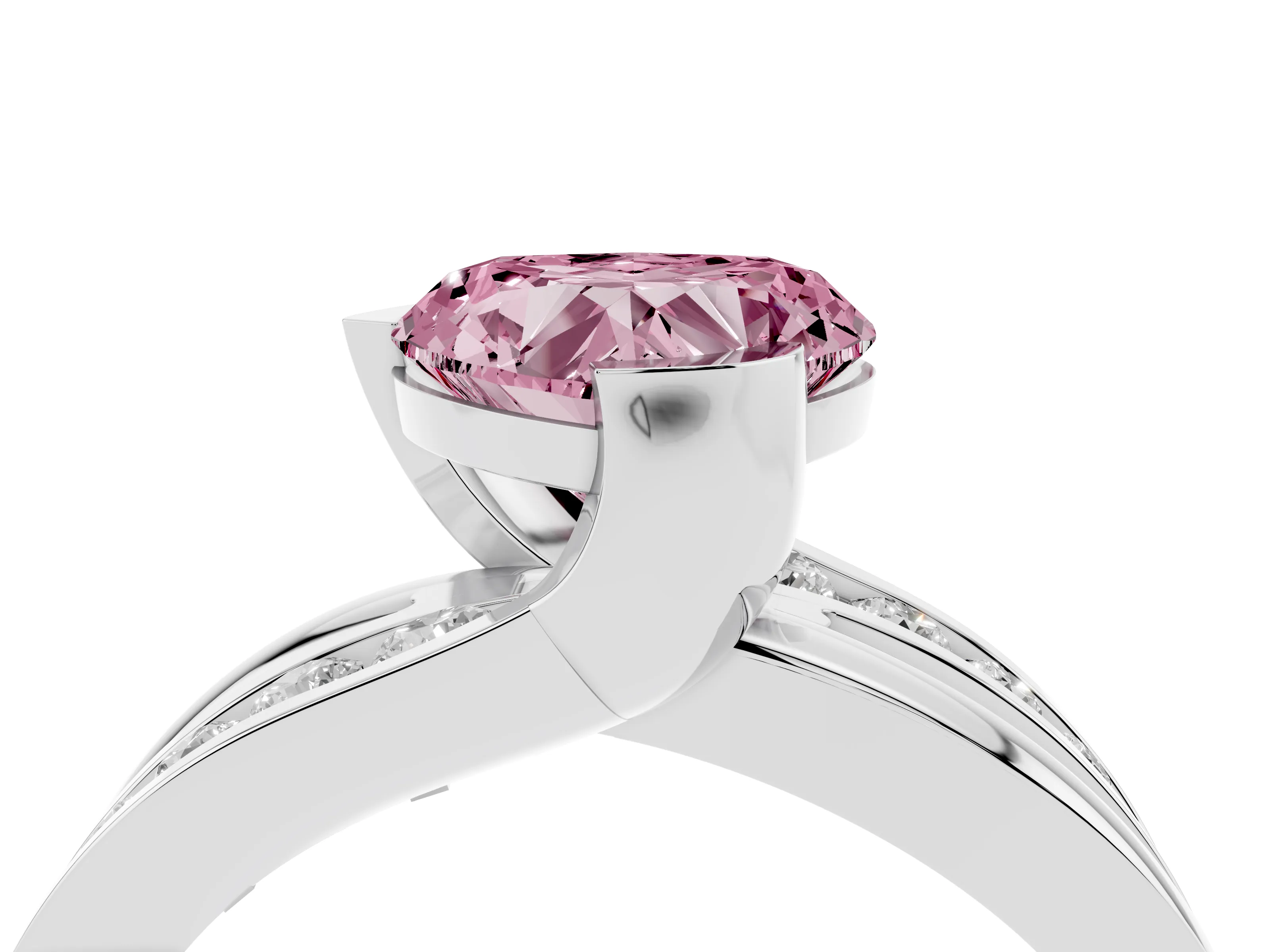 Fancy Pink Heart Cut Diamond Solitaire Ring Set in Platinum with Channel Set Split Shank and Tension Prongs