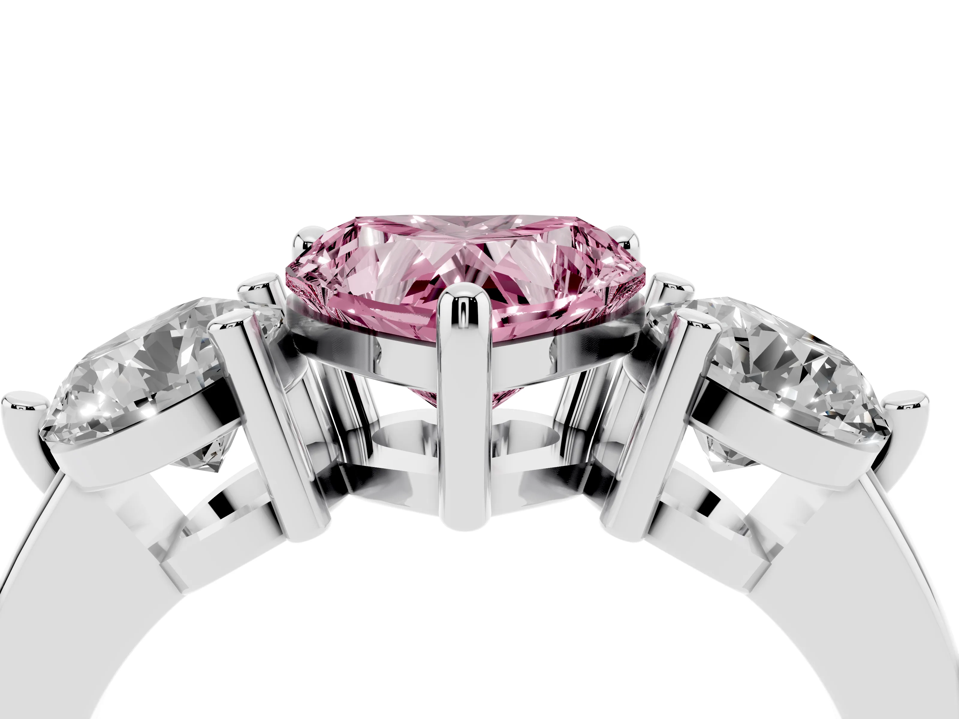 Fancy Pink Heart Cut Diamond Three-Stone Ring Set in White gold with Prong Setting and Classic Band