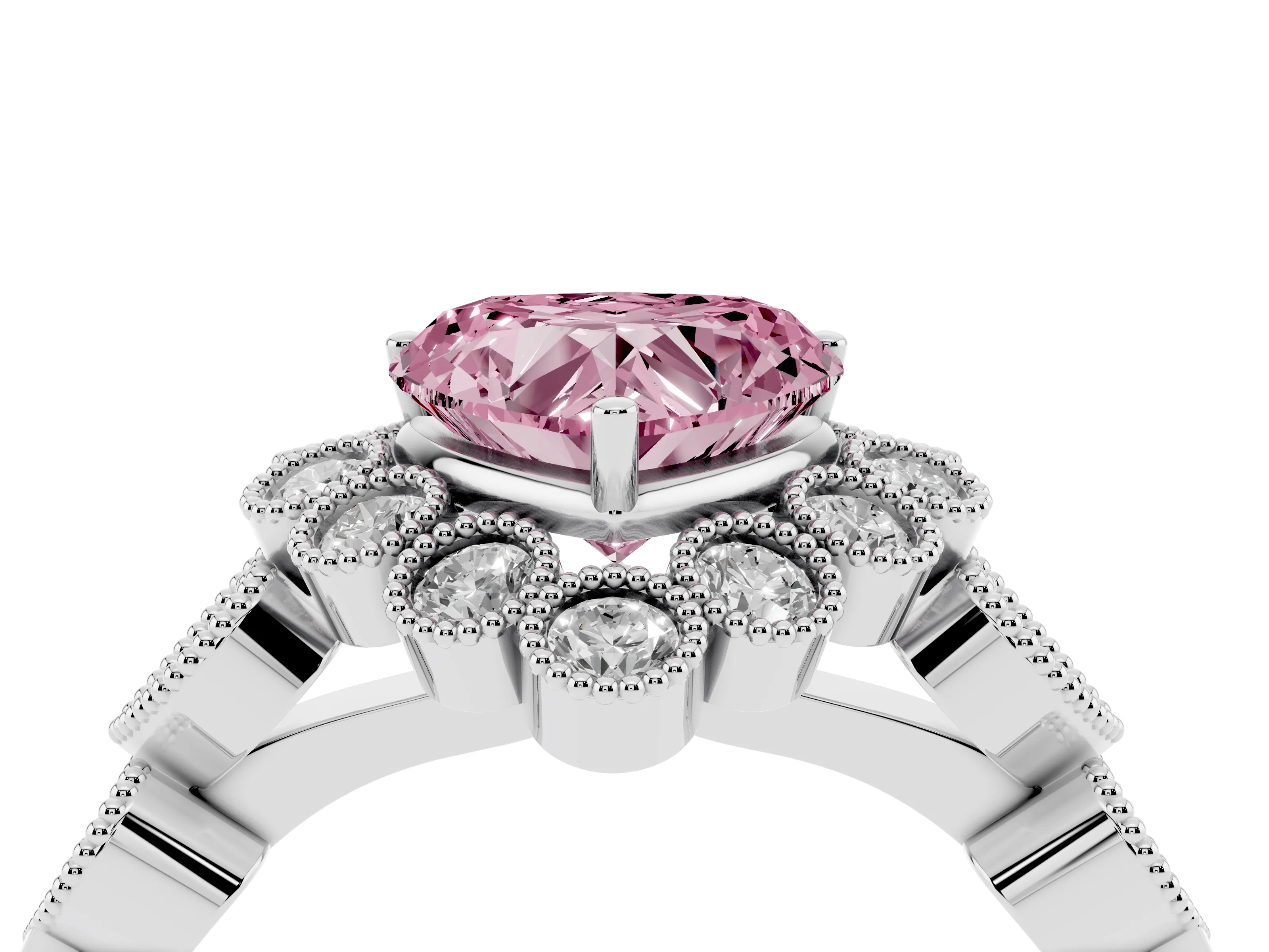 Fancy Pink Heart Cut Diamond Solitaire Ring Set in Platinum with Milgrain Pavé Heart Band