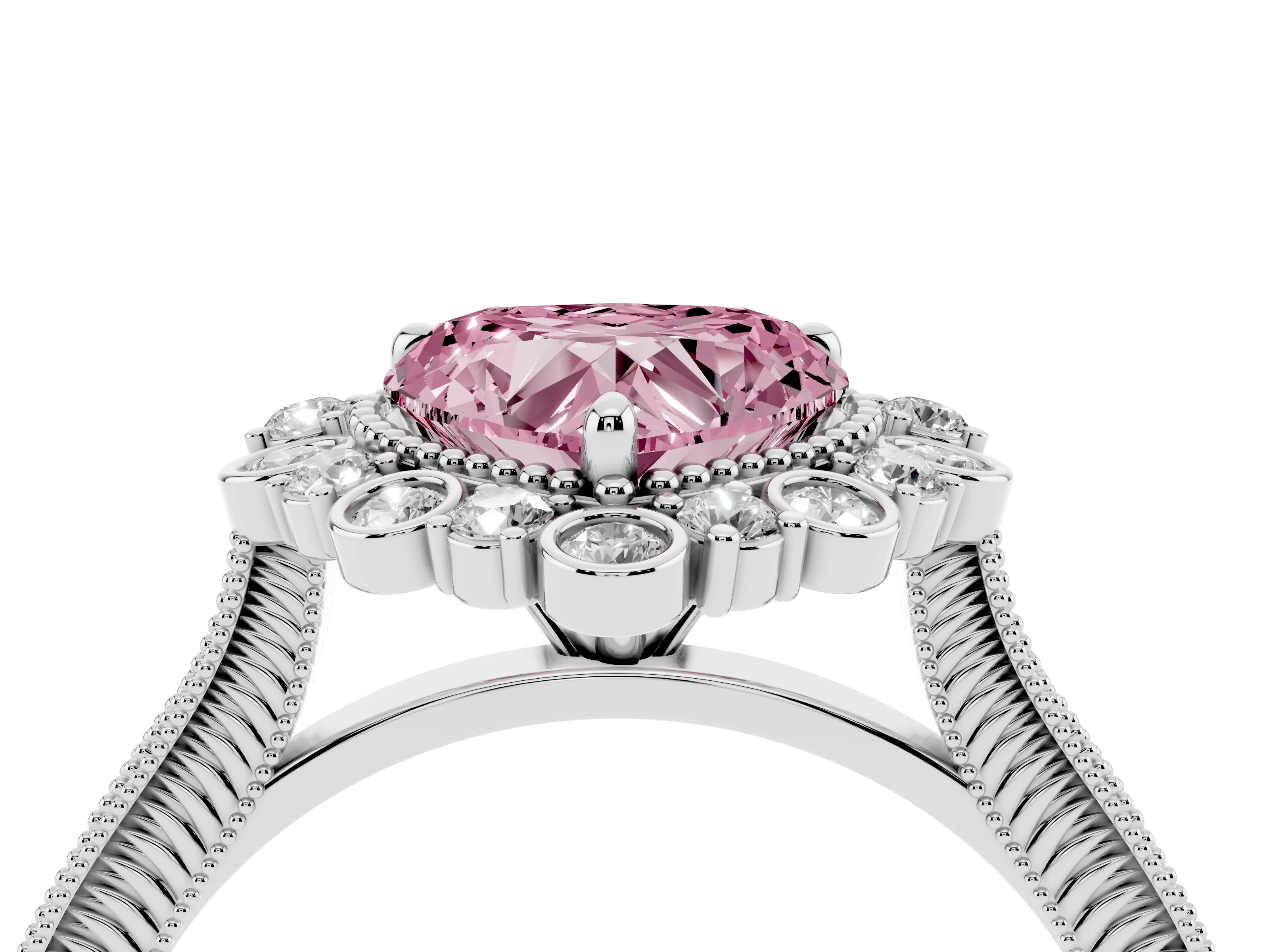 Fancy Pink Heart Cut Diamond Halo Milgrain Pavé Ring Set in White gold with Prong Setting