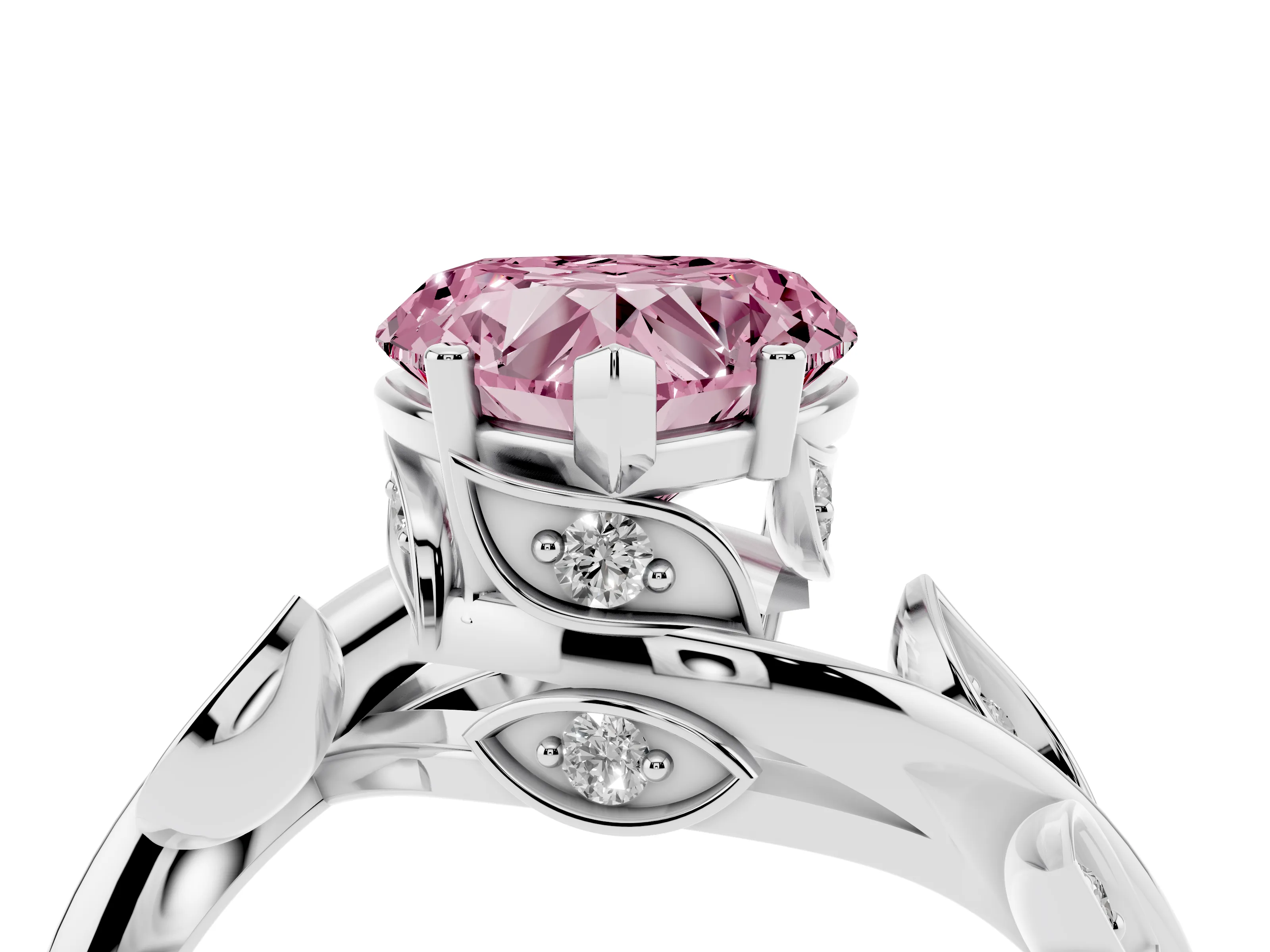 Fancy Pink Heart Cut Diamond Solitaire Twist Engagement Ring Set in White gold with Pavé Leaf Accents