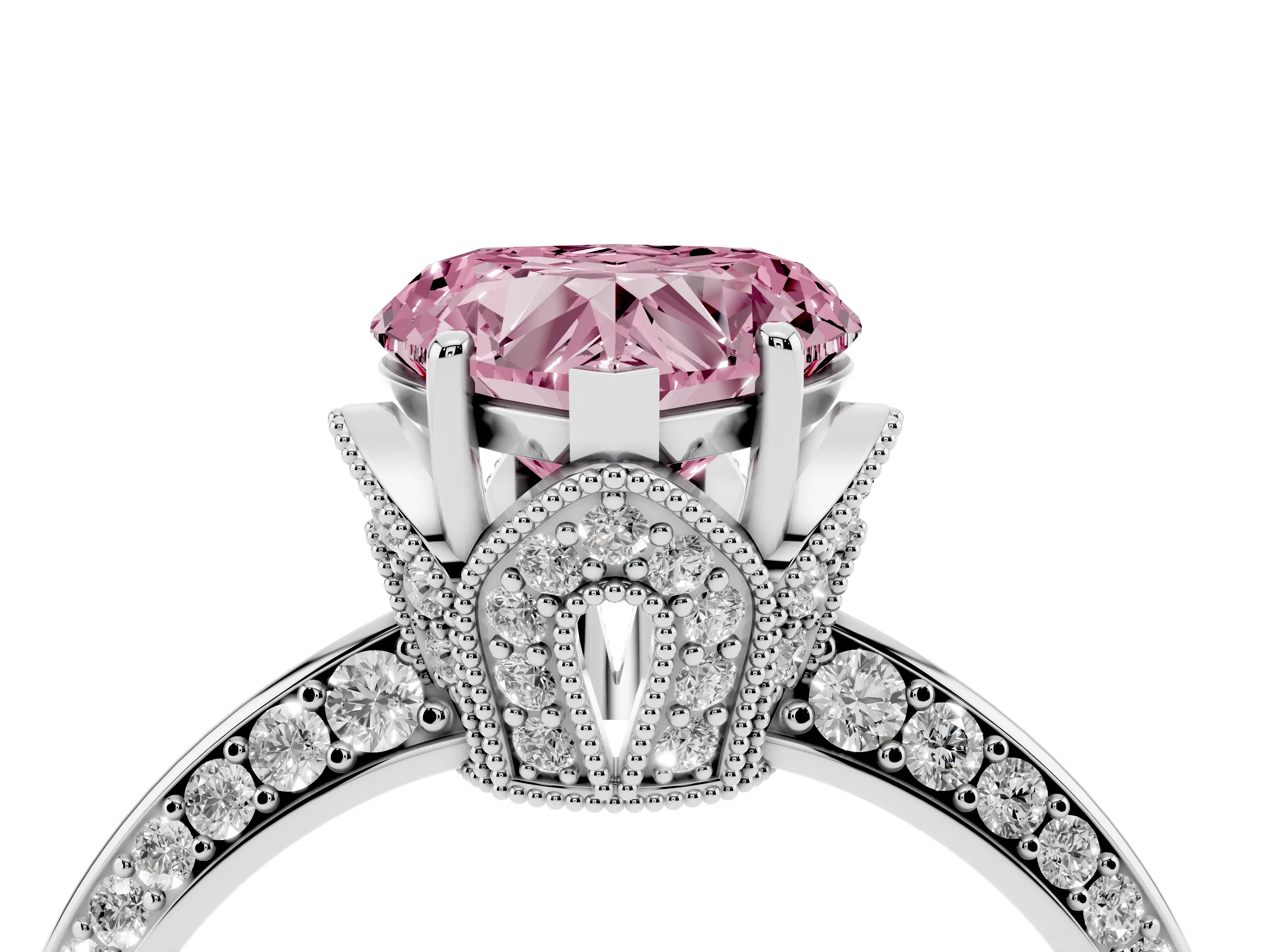 Fancy Pink Heart Cut Diamond Solitaire Engagement Ring Set in White gold with Pavé Split Shank and Prong Setting