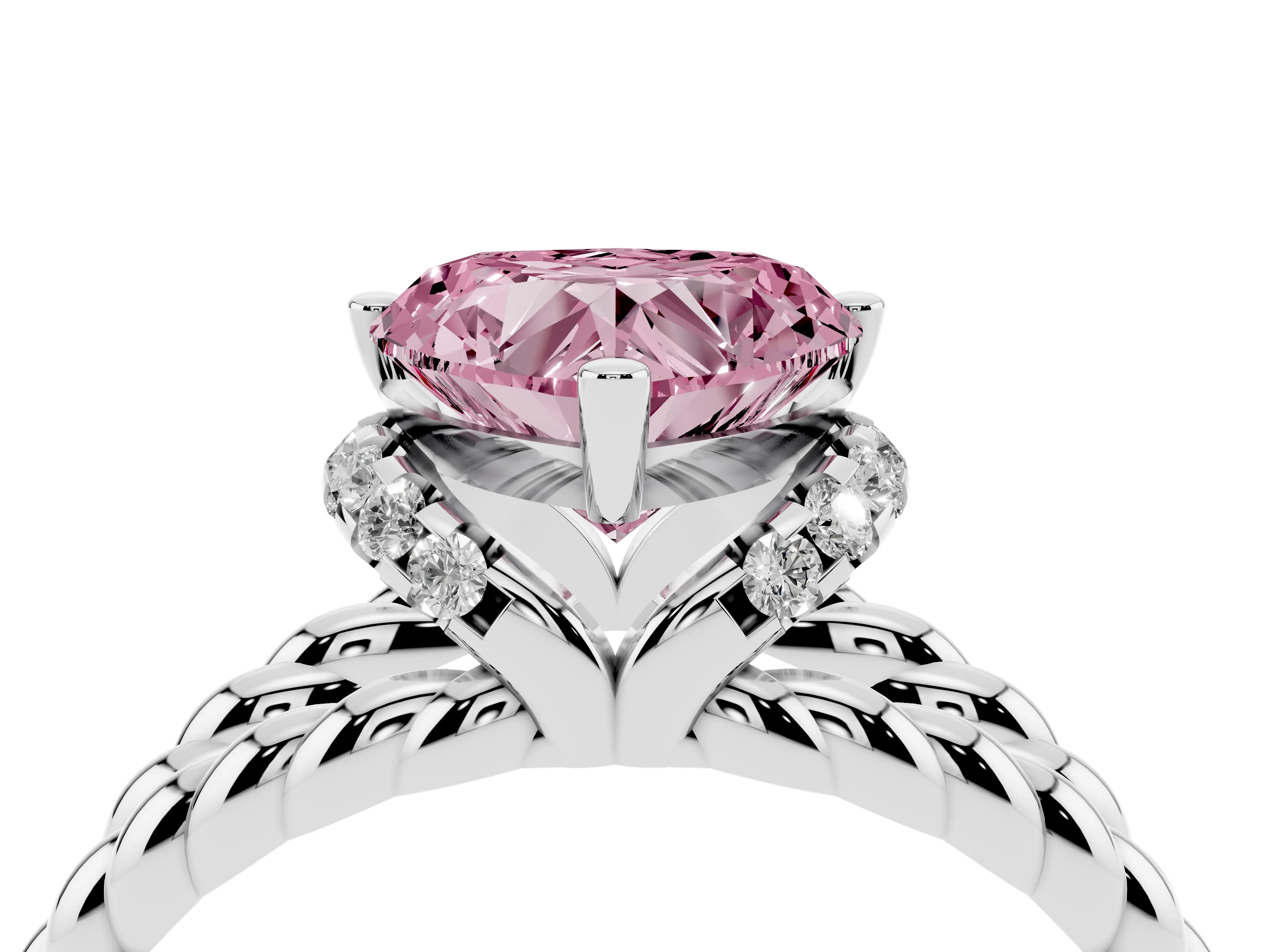 Fancy Pink Heart Cut Diamond Halo Ring Set in Silver with Twisted Band and Prong Setting