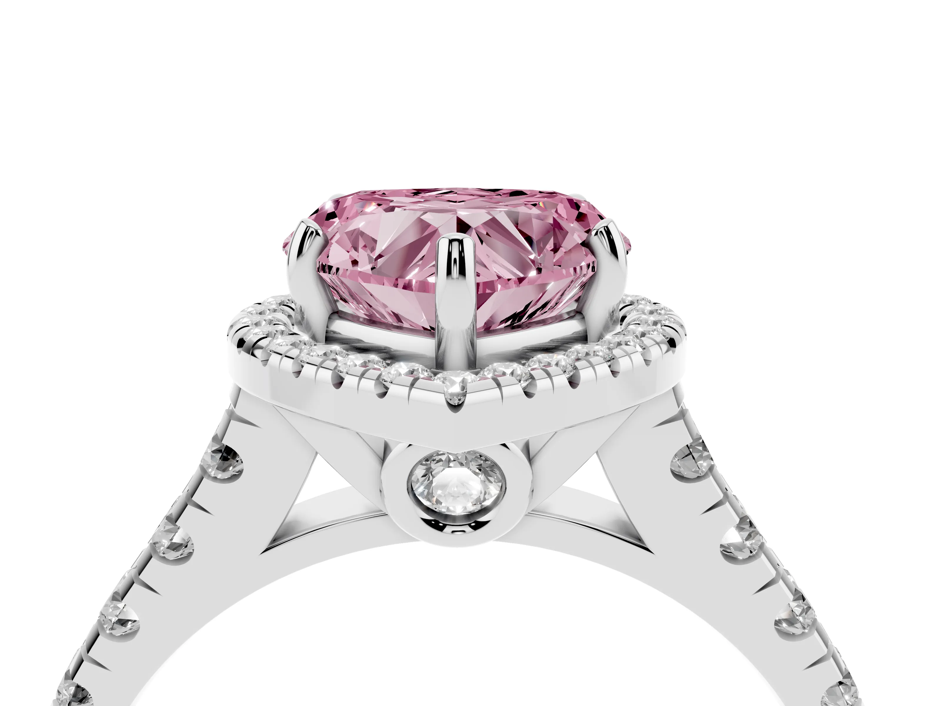 Fancy Pink Heart Cut Diamond Halo Engagement Ring Set in Platinum with Pavé Band and Prong-Set Center