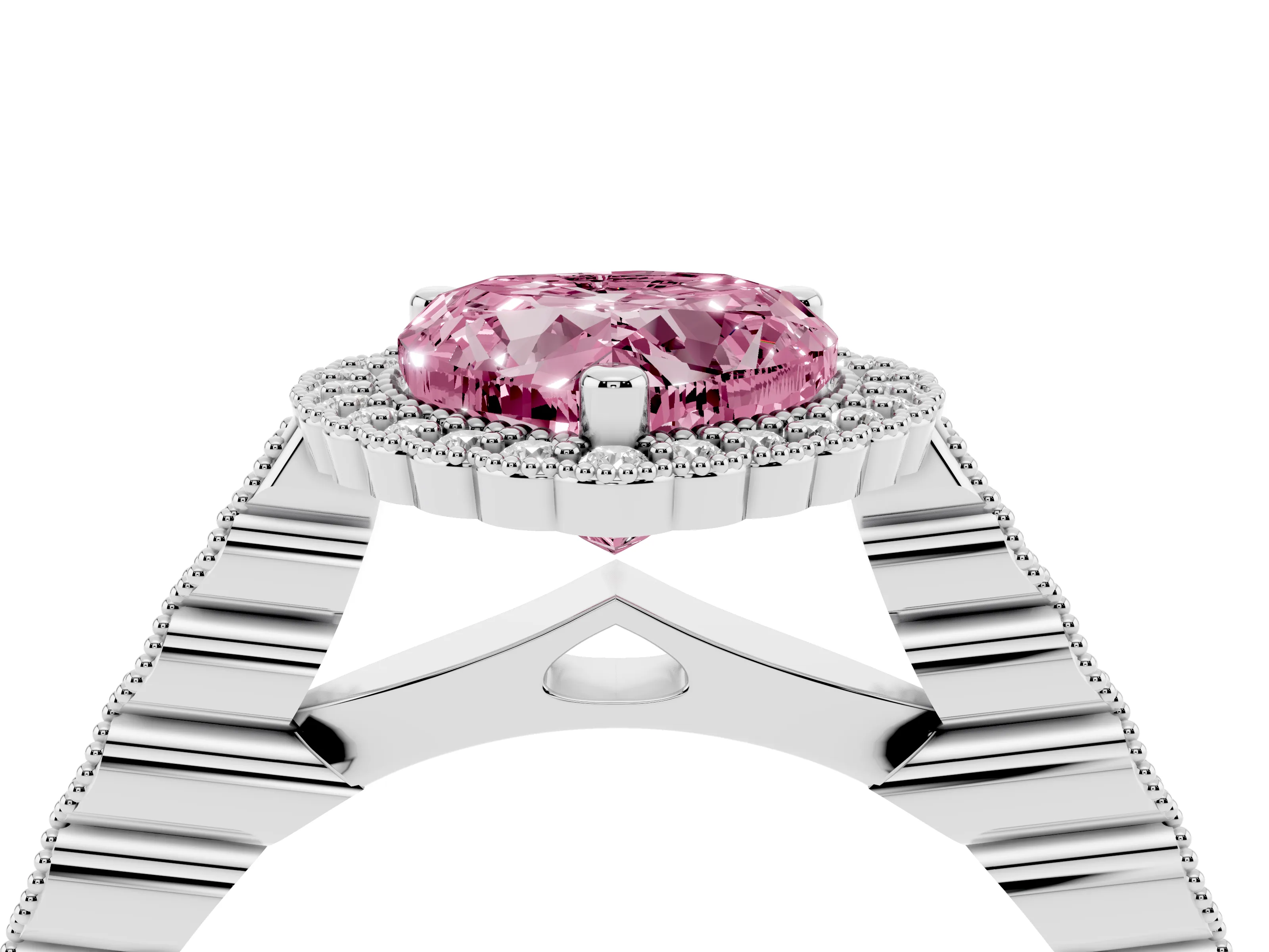 Fancy Pink Heart Cut Diamond Halo Ring Set in Platinum with Pavé Milgrain Band