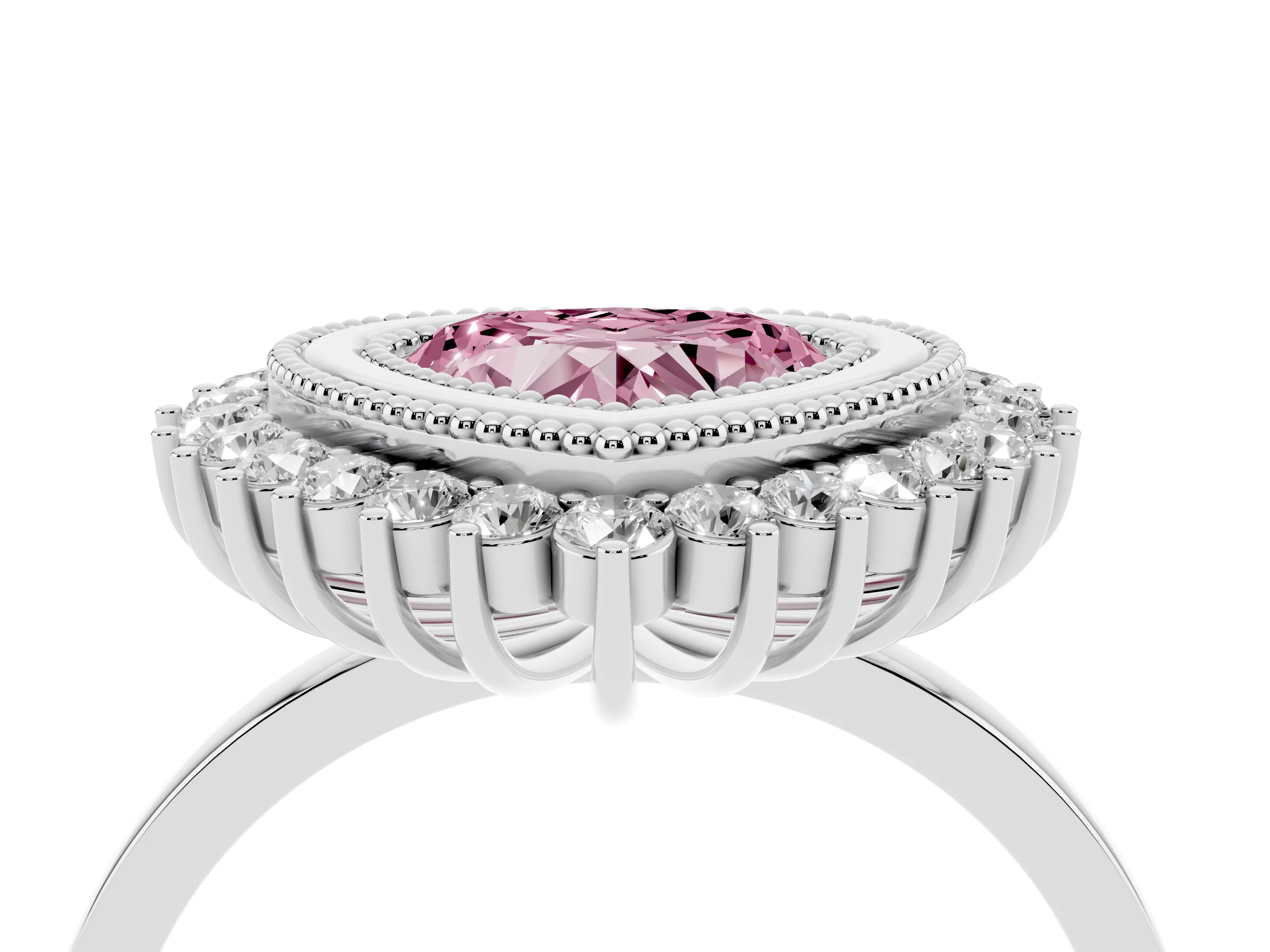 Fancy Pink Heart Cut Diamond Halo Ring Set in Platinum with Milgrain Edge and Round Prong Setting