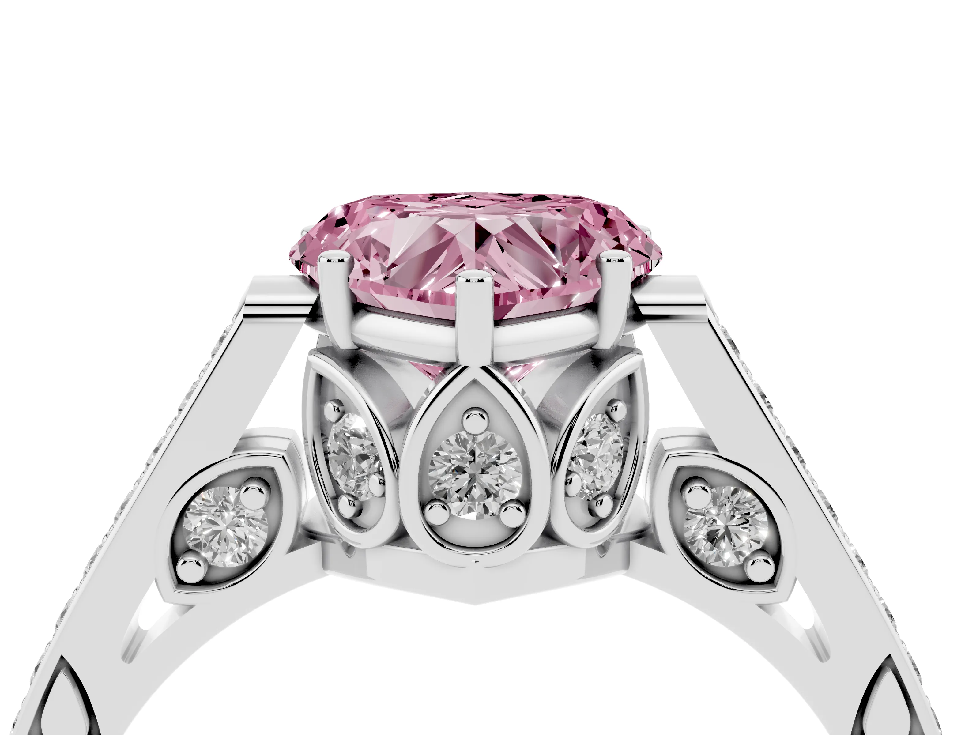 Fancy Pink Heart Cut Diamond Cathedral Pavé Engagement Ring Set in Platinum with Prong Setting