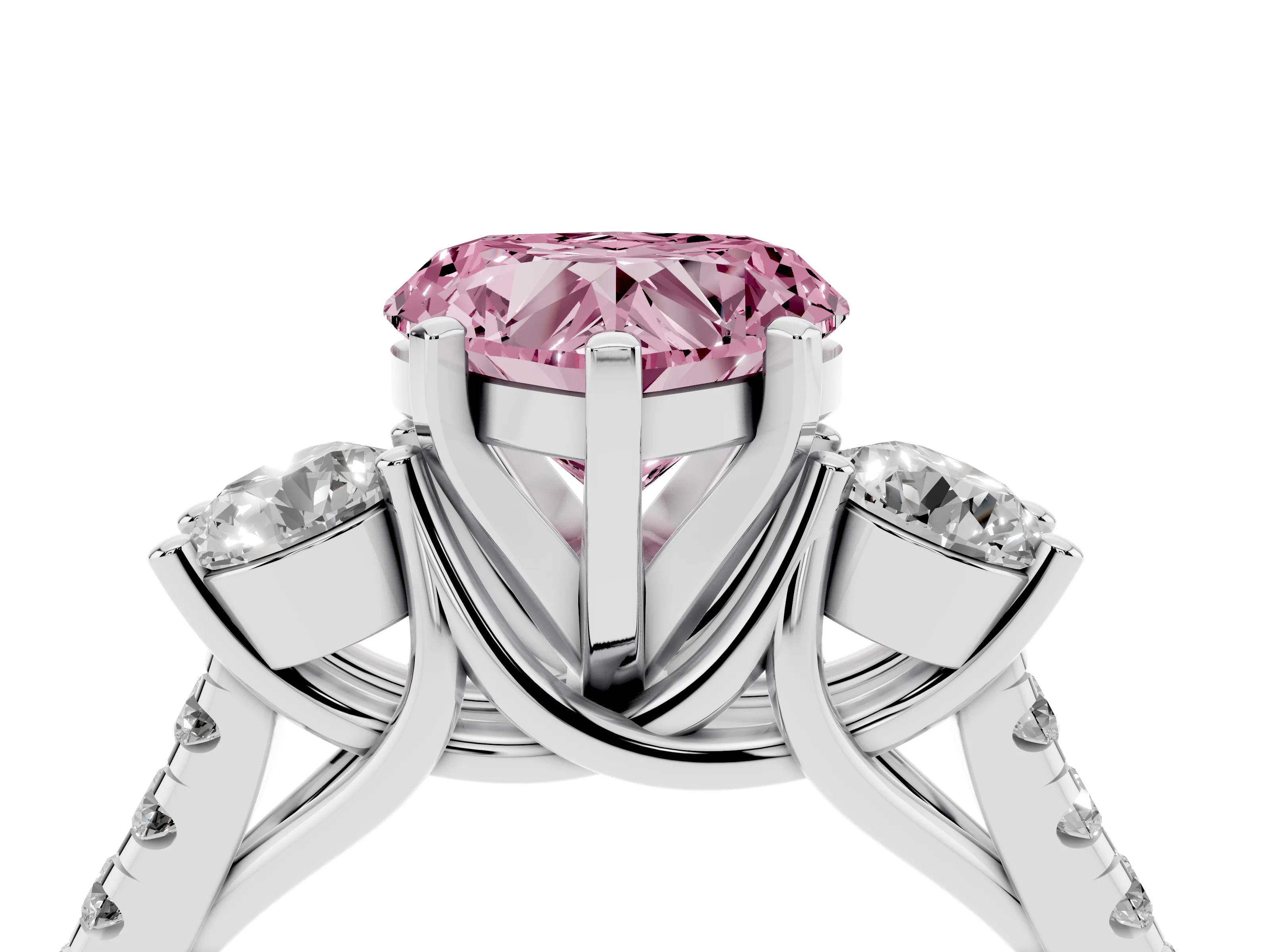 Fancy Pink Three-Stone Heart Cut Diamond Pavé Band Ring Set in Platinum with Prong-Set Trio