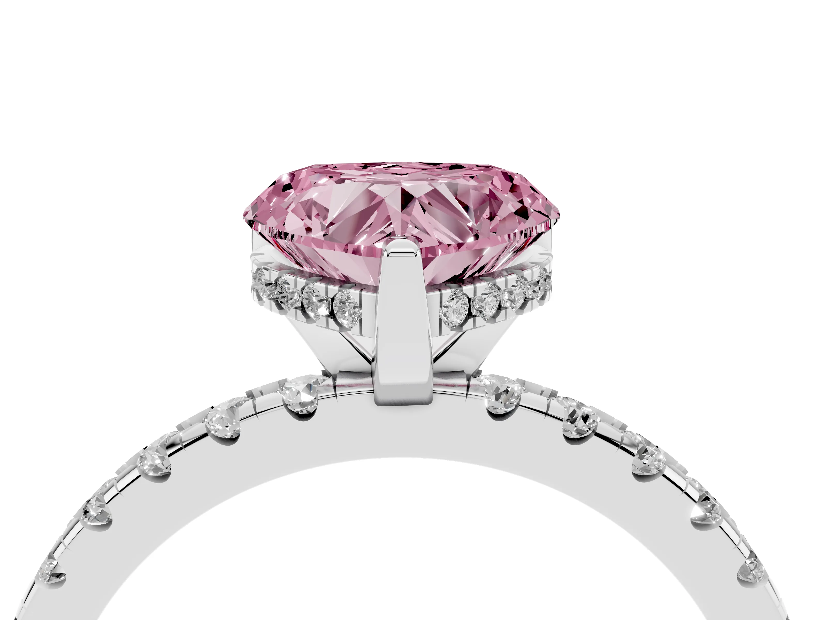 Fancy Pink Heart Cut Diamond Pavé Solitaire Ring Set in White gold with Round Band Accents and Prong Setting