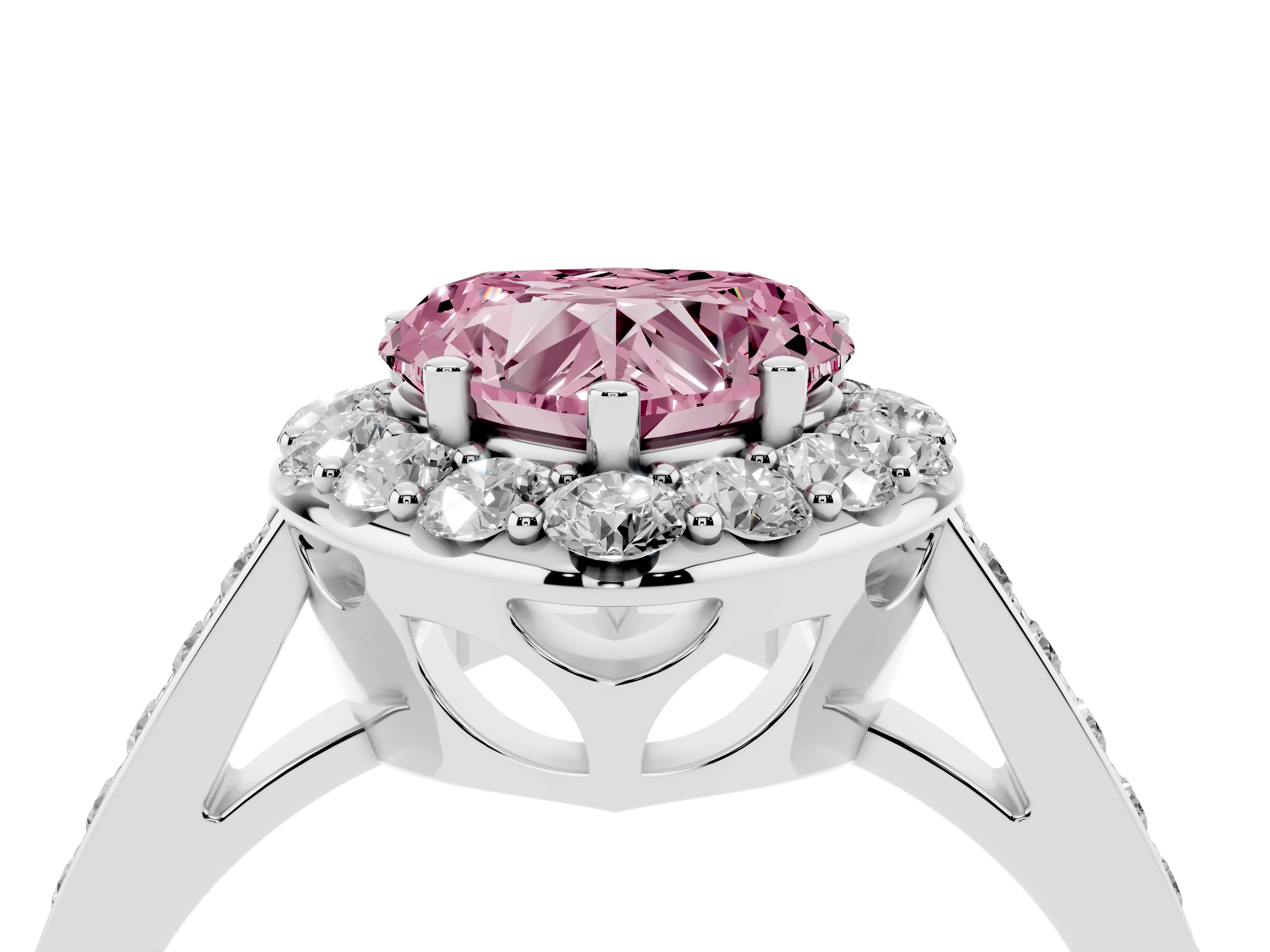Fancy Pink Heart Cut Diamond Floral Halo Ring Set in White gold with Pavé Band and Prong Setting