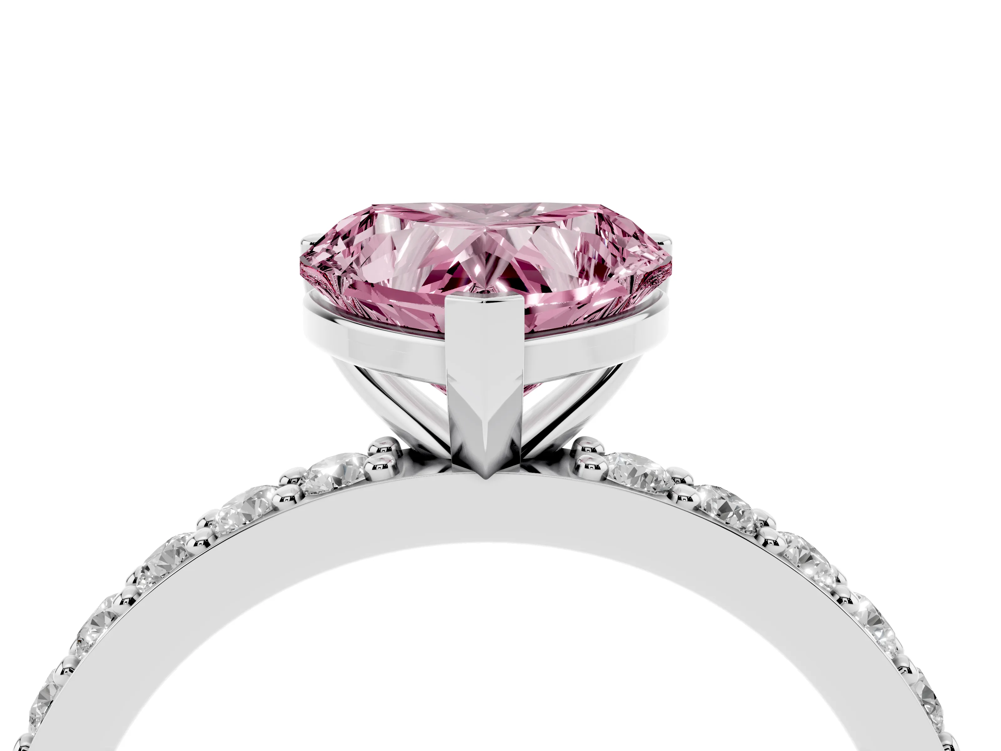Fancy Pink Heart Cut Diamond Solitaire Set in White gold with Round Pavé Band and Prong Setting
