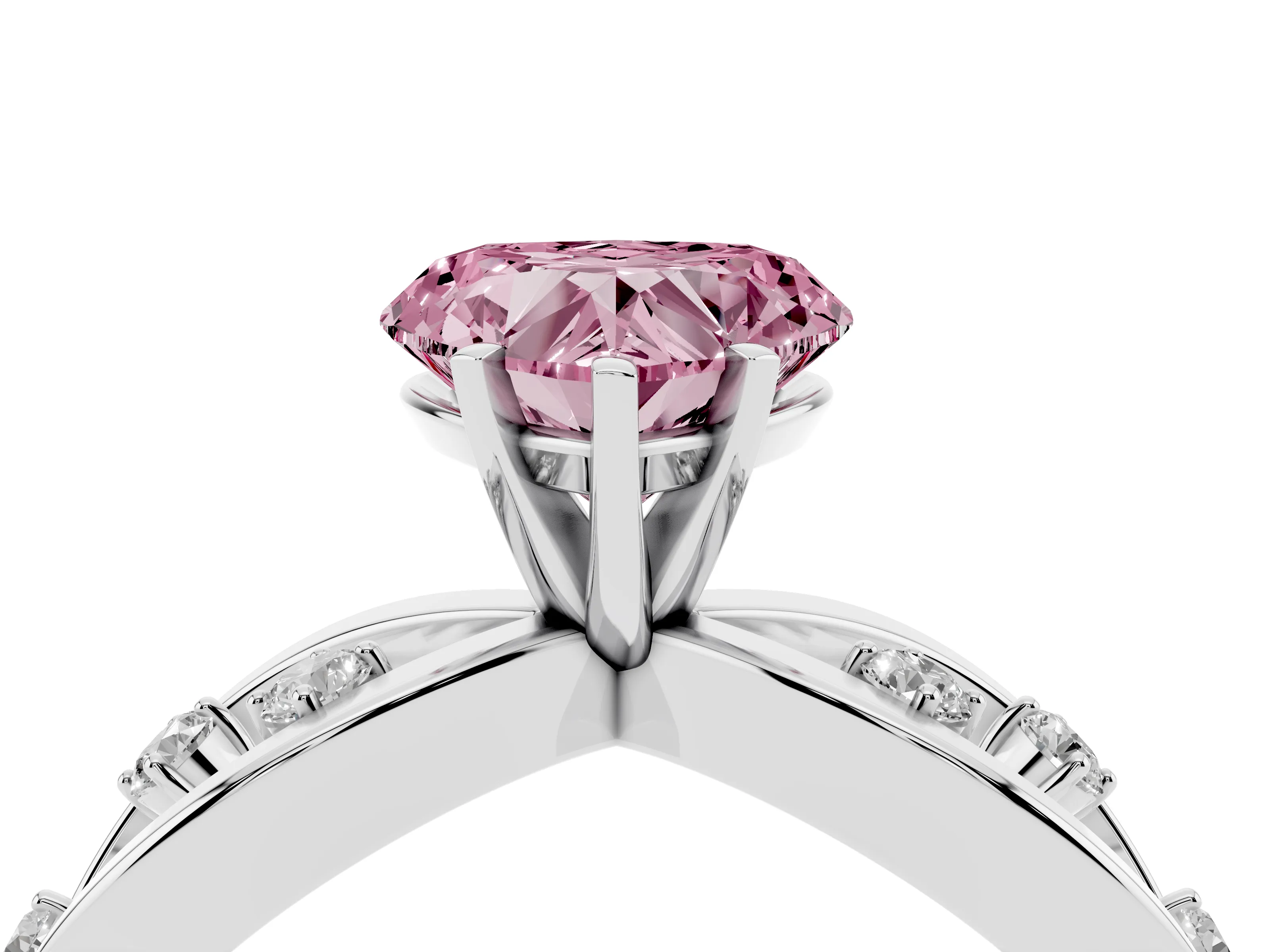 Fancy Pink Heart Cut Diamond Solitaire Ring Set in Silver with Side Stones on Criss-Cross Band and Prong Setting