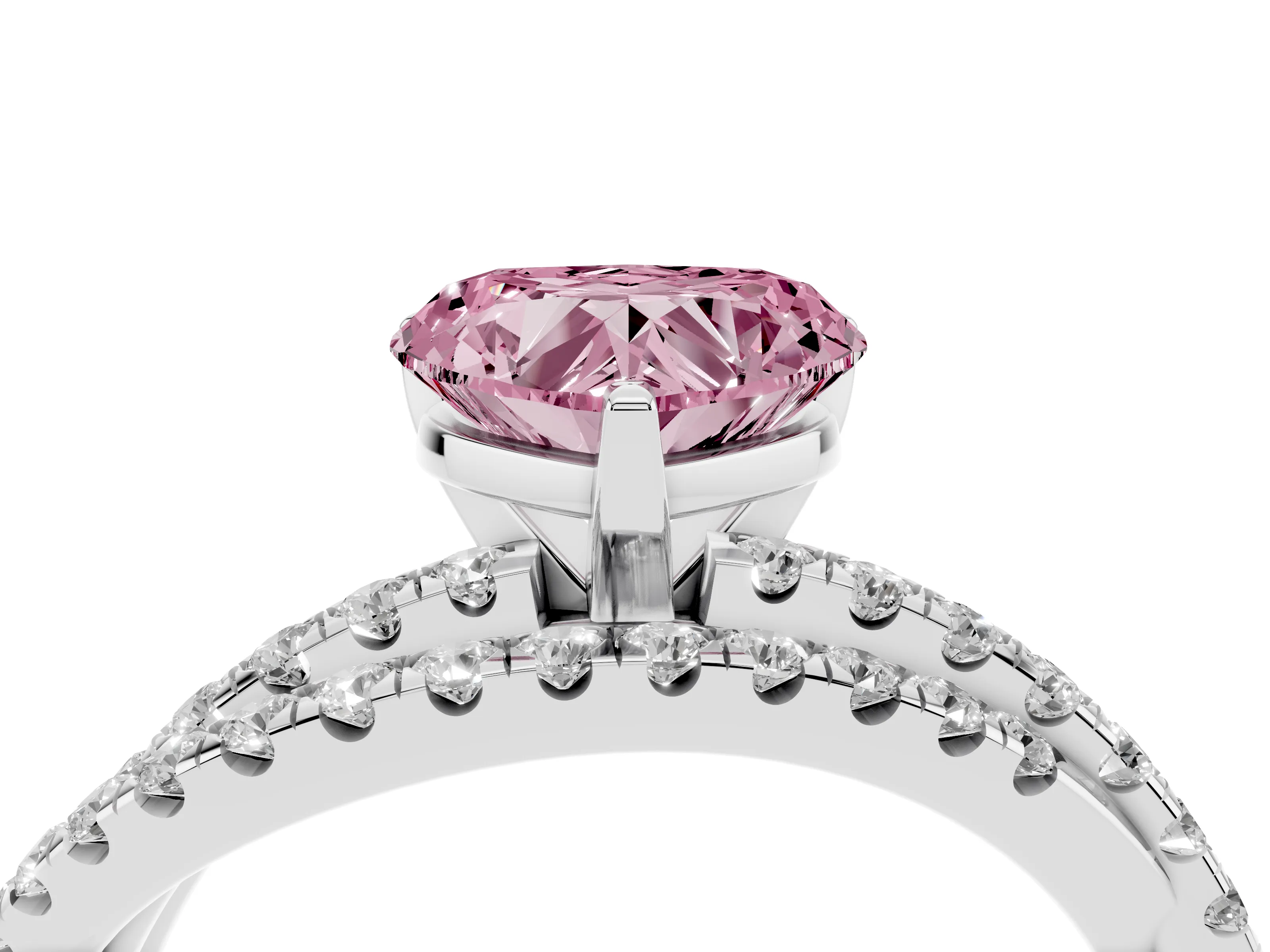 Fancy Pink Heart Cut Diamond Solitaire Twist Band Ring Set in Silver with Pavé Setting and Prong Head