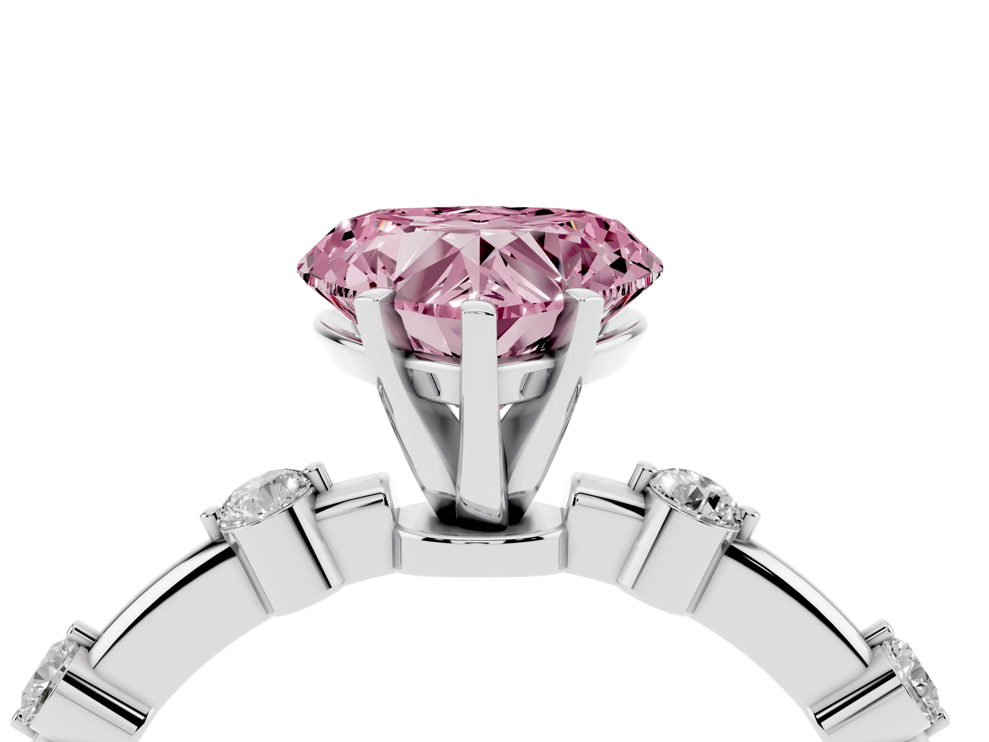 Fancy Pink Heart Cut Diamond Solitaire Ring Set in White gold with Bezel Set Side Stones and Prong Setting