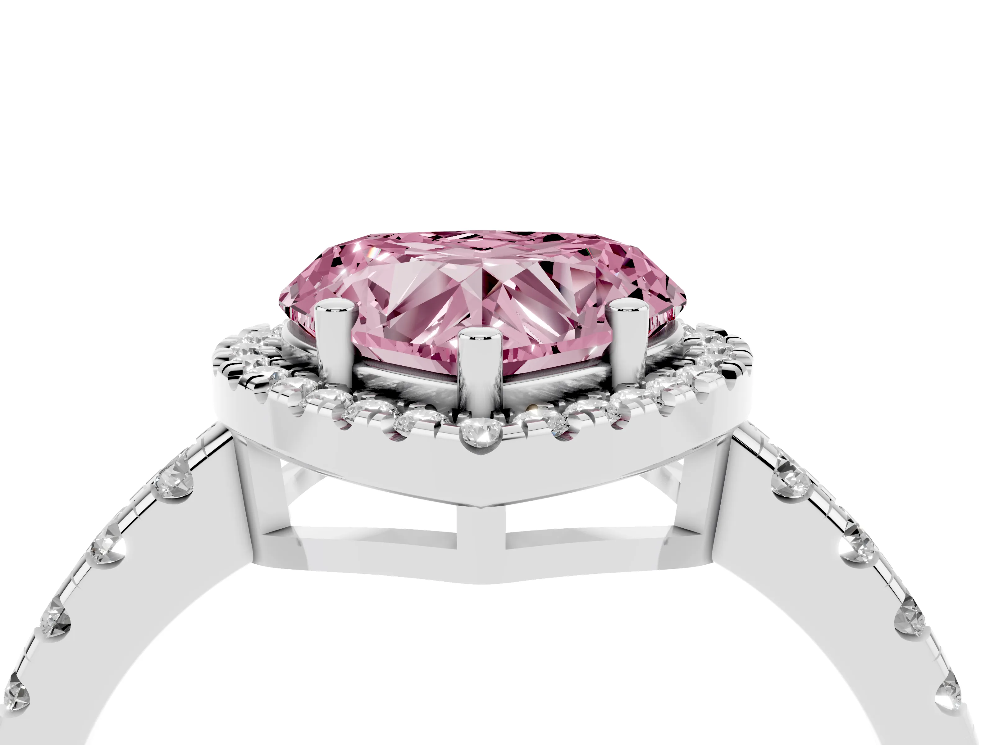 Fancy Pink Heart Cut Diamond Halo Ring Set in Platinum with Delicate Pavé Band and Prong Setting