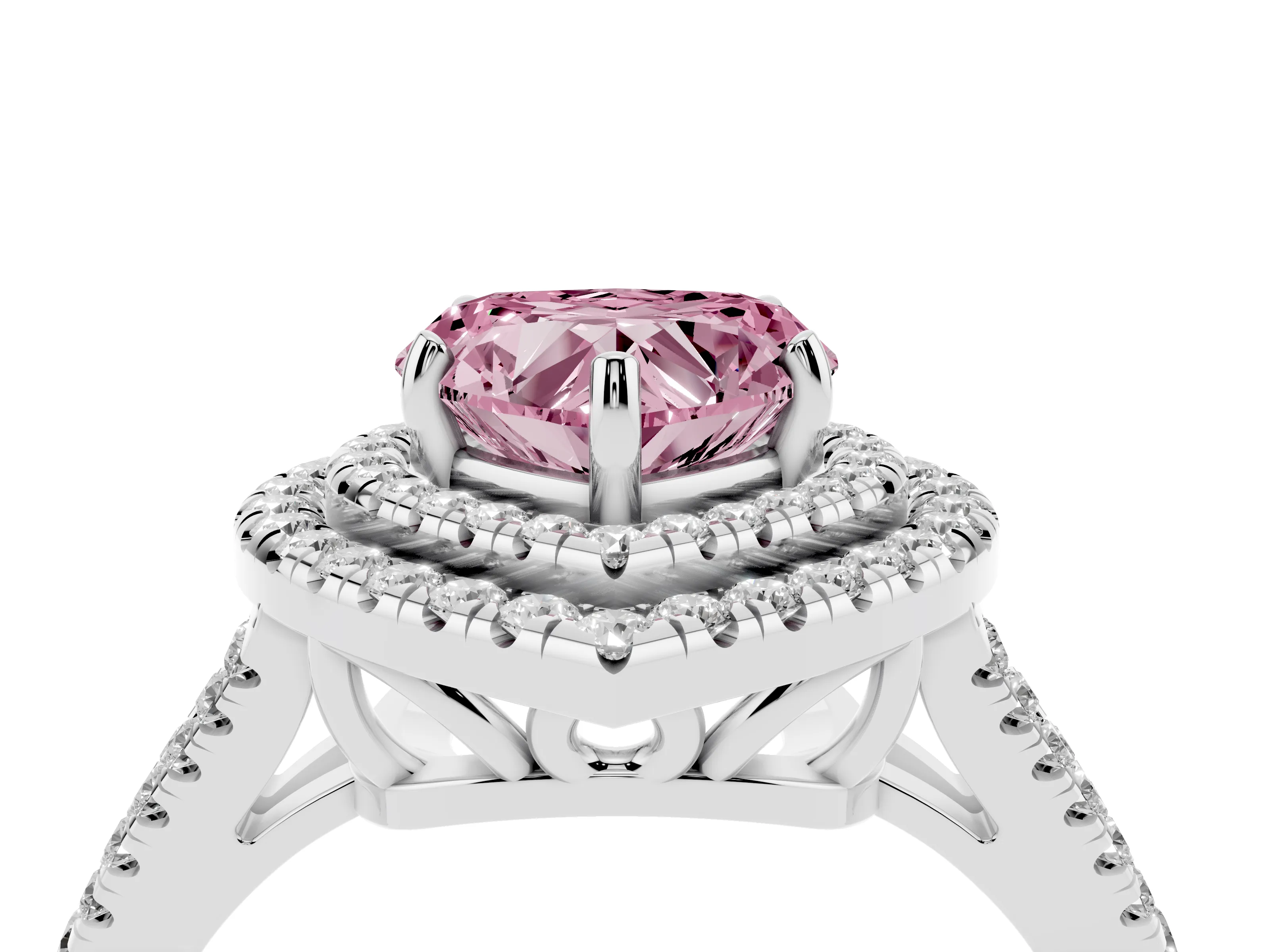 Fancy Pink Heart Cut Diamond Double Halo Ring Set in Silver with Pavé Band