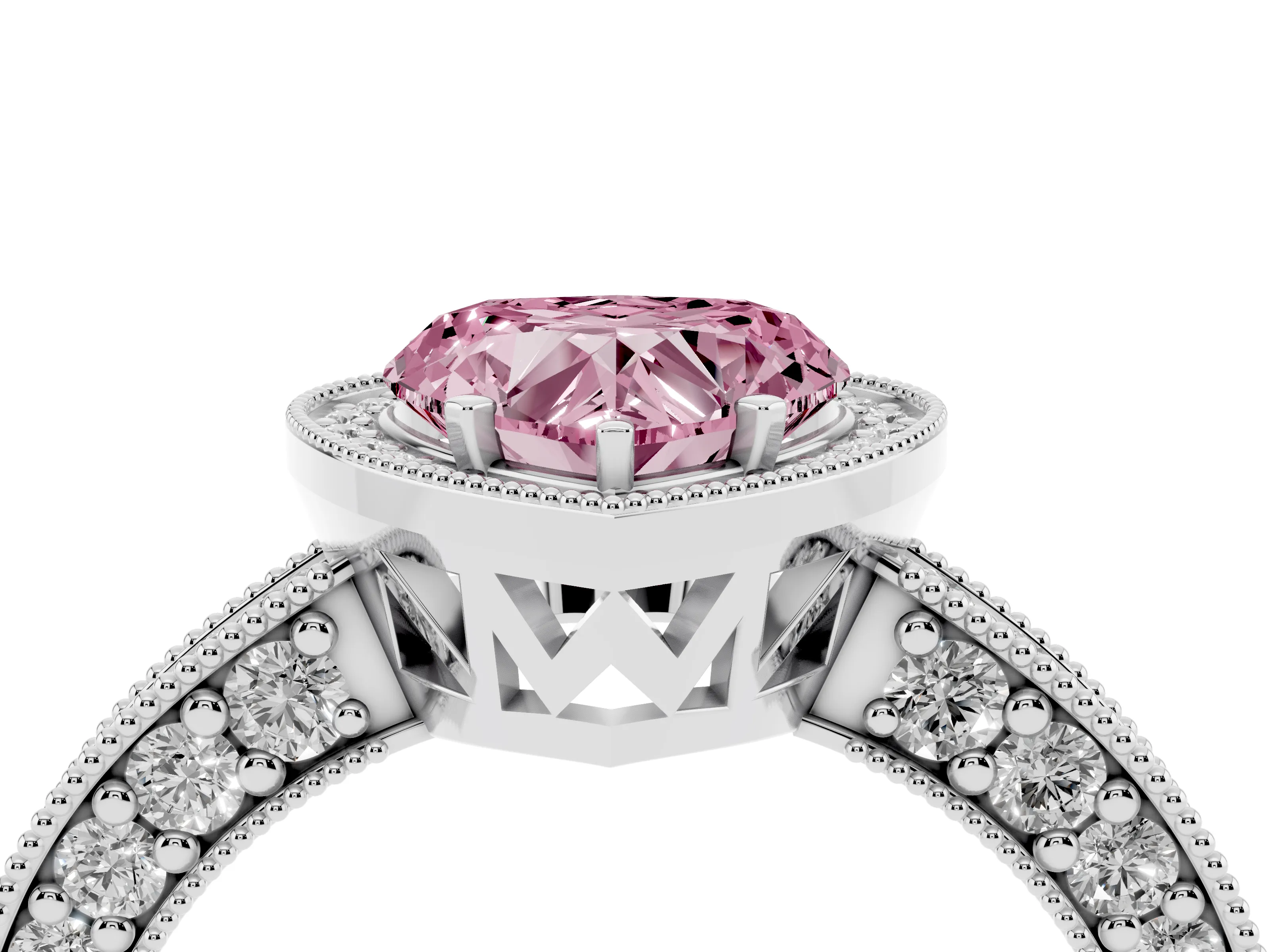 Fancy Pink Heart Cut Diamond Halo Pavé Band Ring Set in Platinum with Prong-Set Center